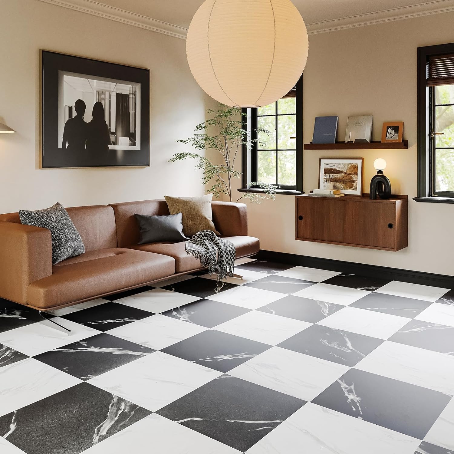 WOWSTAR 30-Pack Peel and Stick 12 x 12in Vinyl Floor Tiles, Self-Adhesive Waterproof Flooring Planks for Kitchen, Dining Room, Bedrooms, 30 Sq. Ft - White & Black Fine Sand Texture