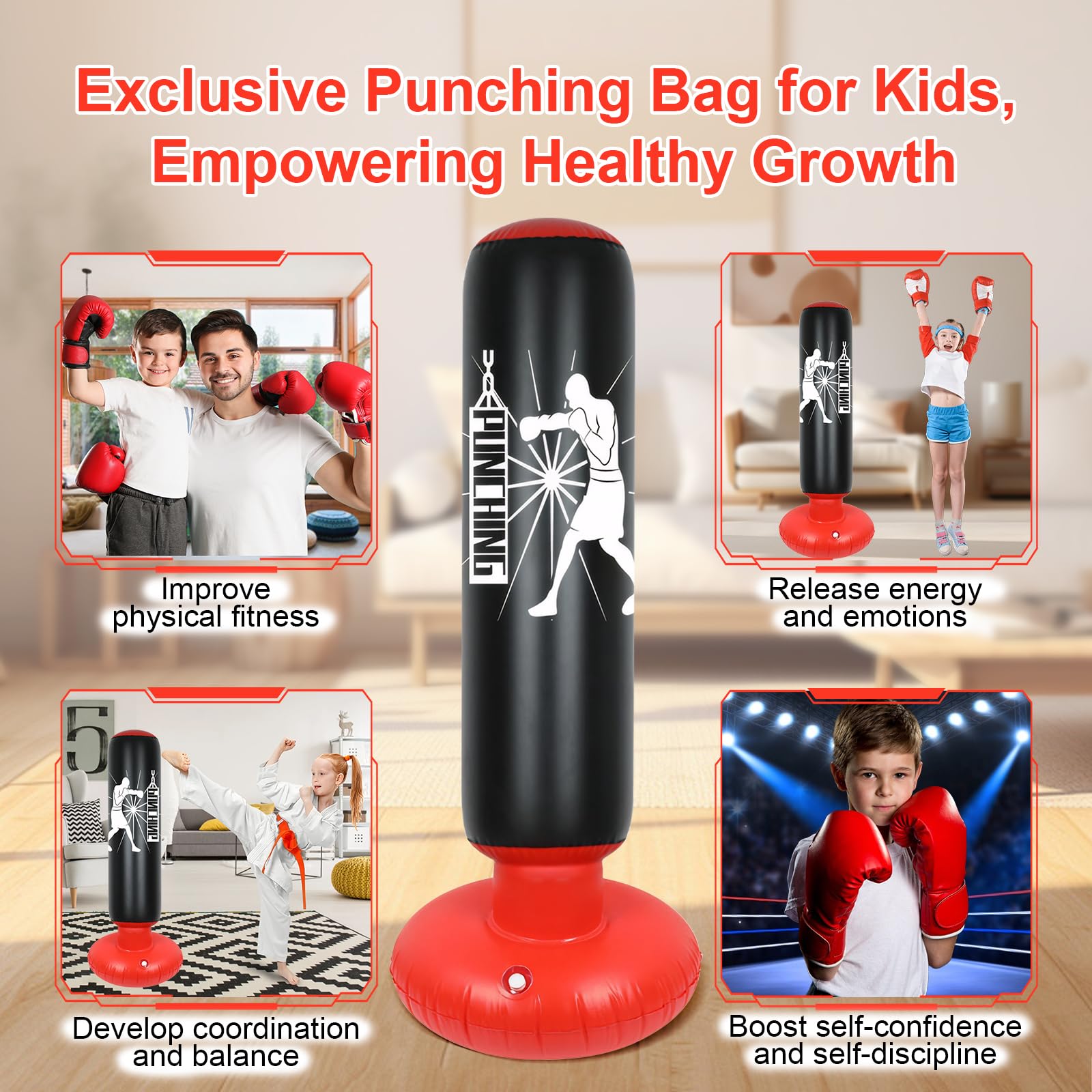 Qoosea Sacco da Boxe per Bambini, 160cm Stabile Pungiball Bambini Gonfiabile con Guantoni da Boxe, Pratica di Taekwondo Karate Attrezzatura da Allenamento MMA, Regalo per 3-12 Ragazzi Ragazze