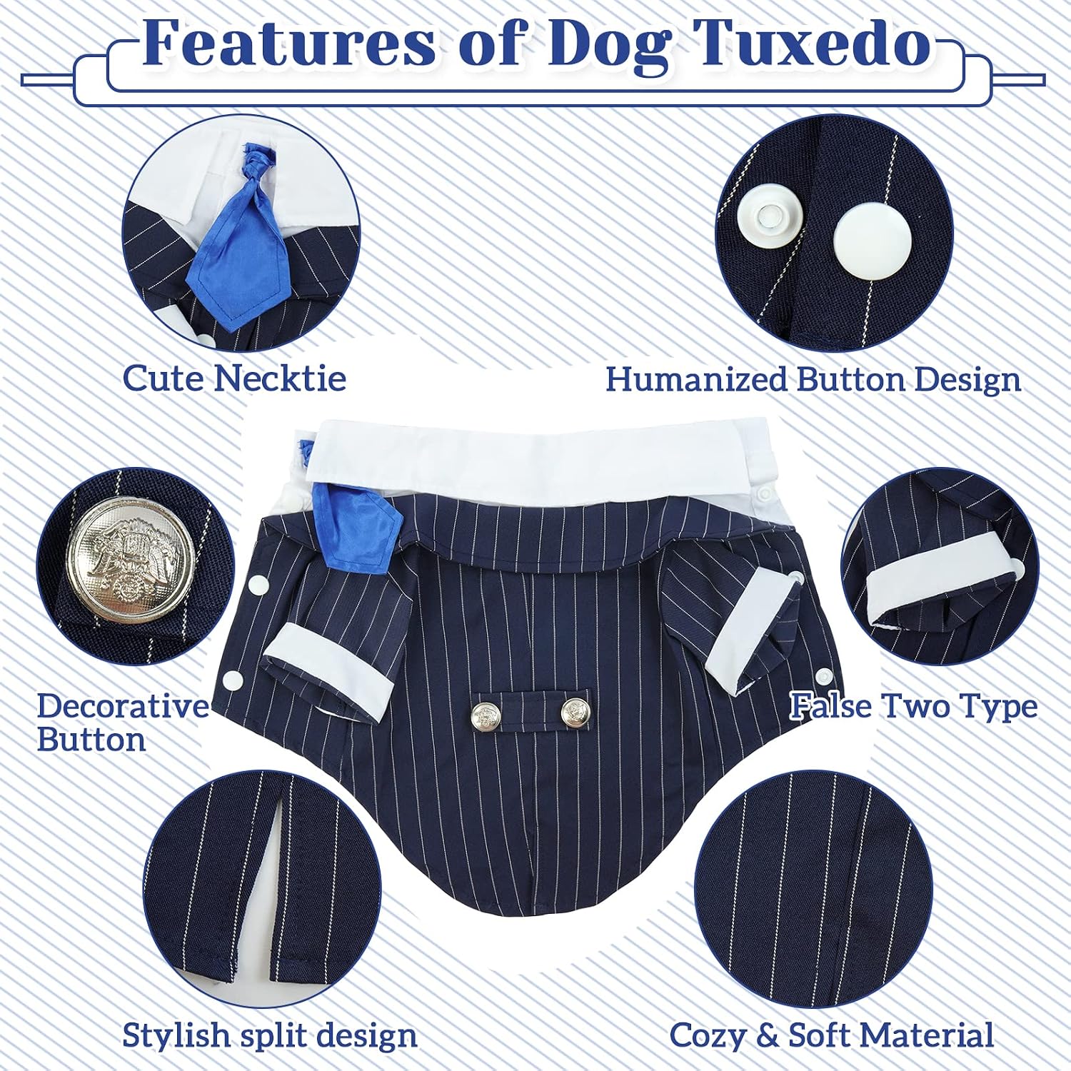 DENTRUN Navy Blue Dog Tuxedo - Formal Pinstripe Pet Suit Shirt with Satin Tie, Elegant Wedding Outfit Birthday Party Attire for Maltese Dachshund Corgi Beagle Medium Large Dogs (Polyester), L