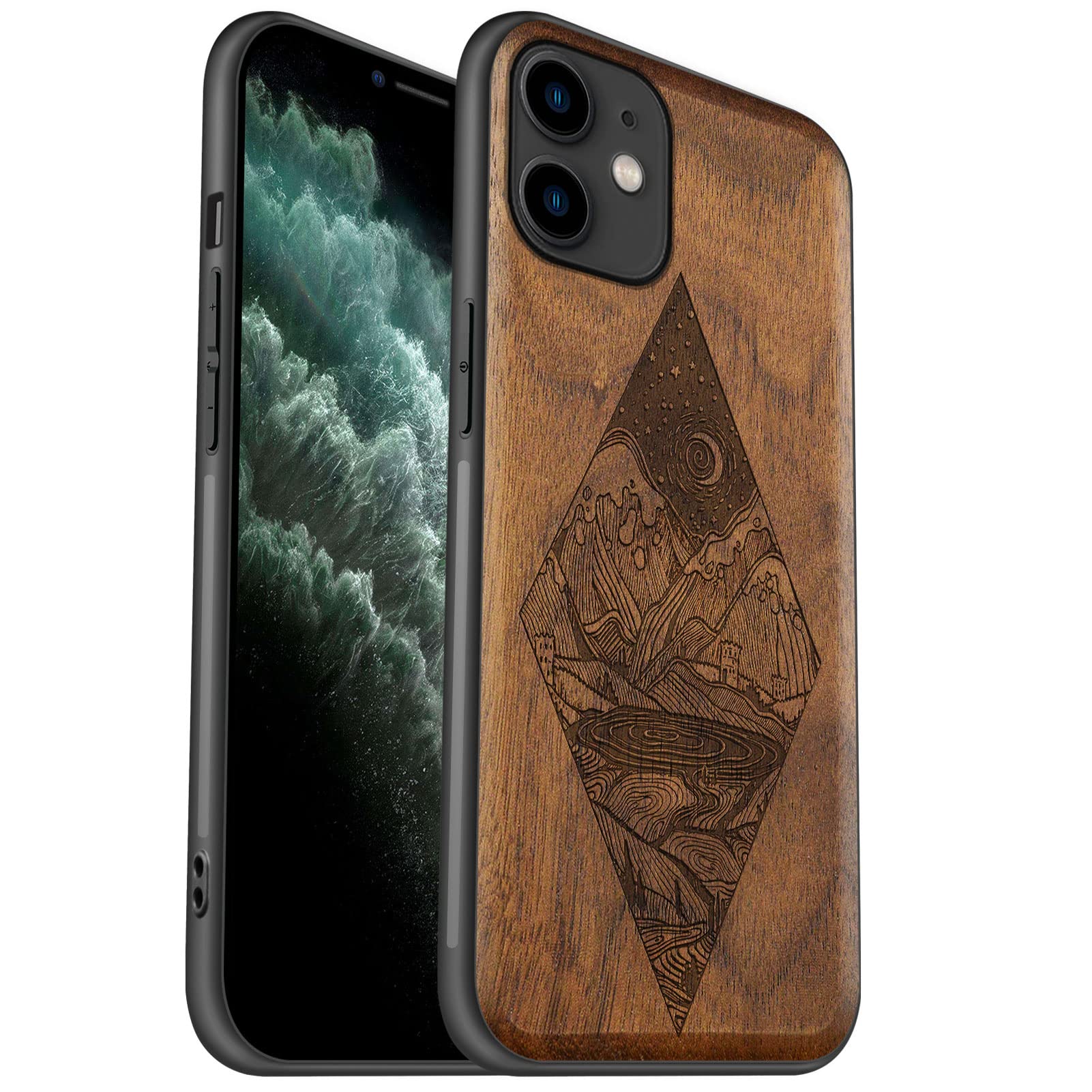 Carveit Funda De Madera Compatible Con IPhone 11 Teléfono Carcasa Absorción De Silicona TPU Impacto Para Apple 11 Funda Madera (Madera Oscura-El Vegvissir De Viking
