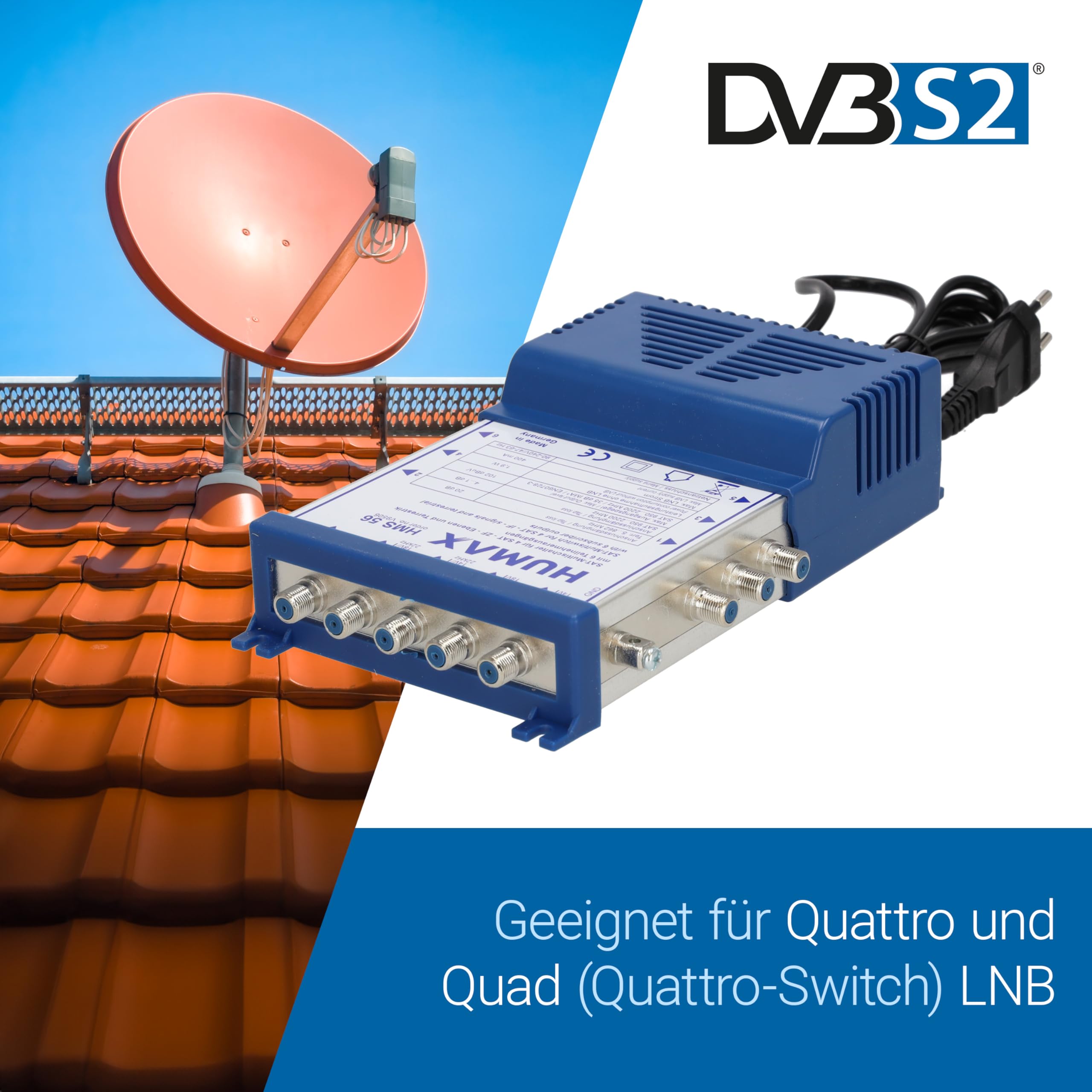 HUMAX Multischalter für Quattro und Quad LNB, SAT Verteiler mit integriertem Netzteil und Standby Funktion, SAT Verstärker mit 4 SAT Eingängen und 1 terrestrischen, 6 Teilnehmer