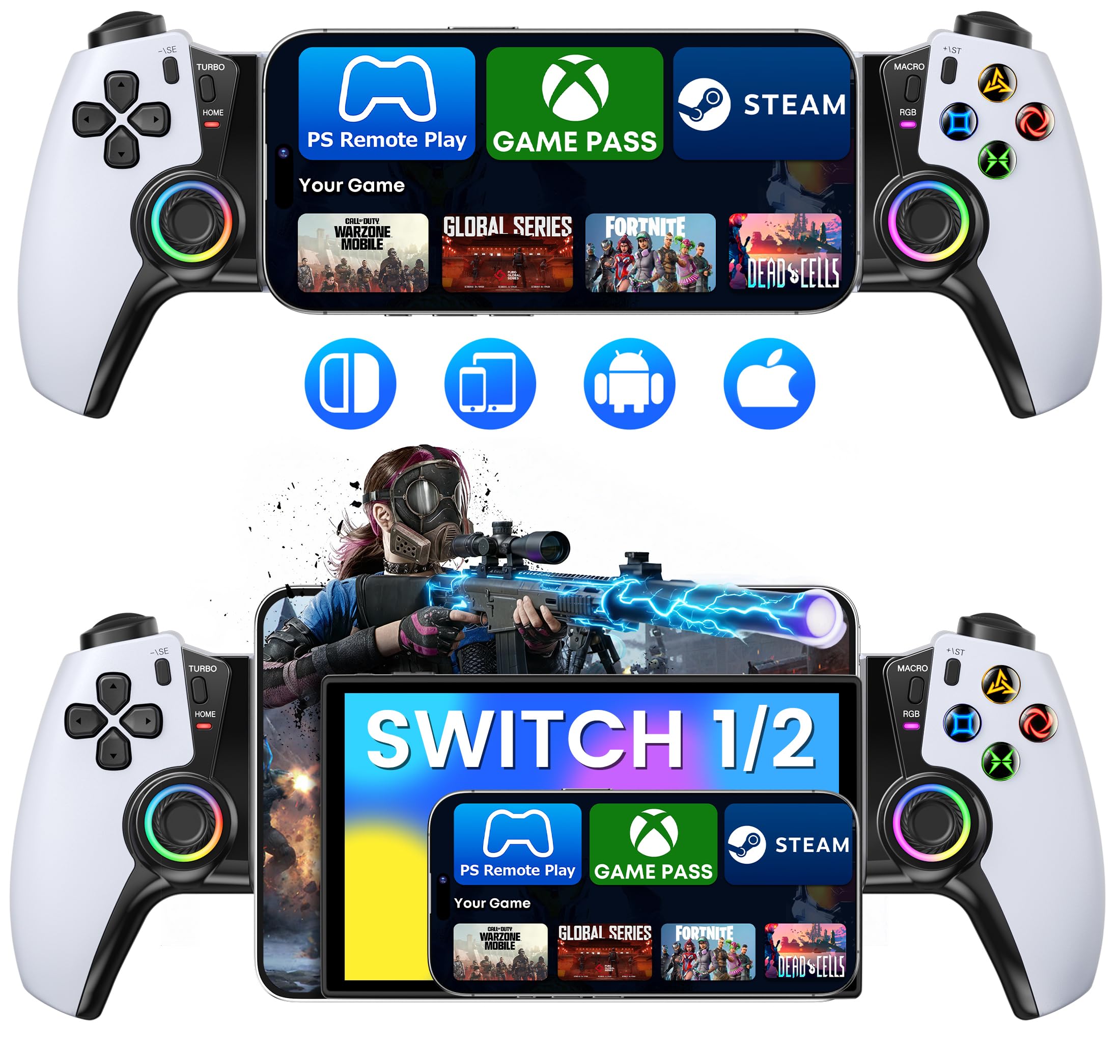 HELLCOOL MC50 Kabelloser Handy Controller für iPhone, Android, Switch 1/2 | Handy Gamepad mit Hall-Effect Joystick, RGB, 1000mAh, für PS Remote Play, Xbox Cloud, Steam Link, GeForce Now, Apple Arcade