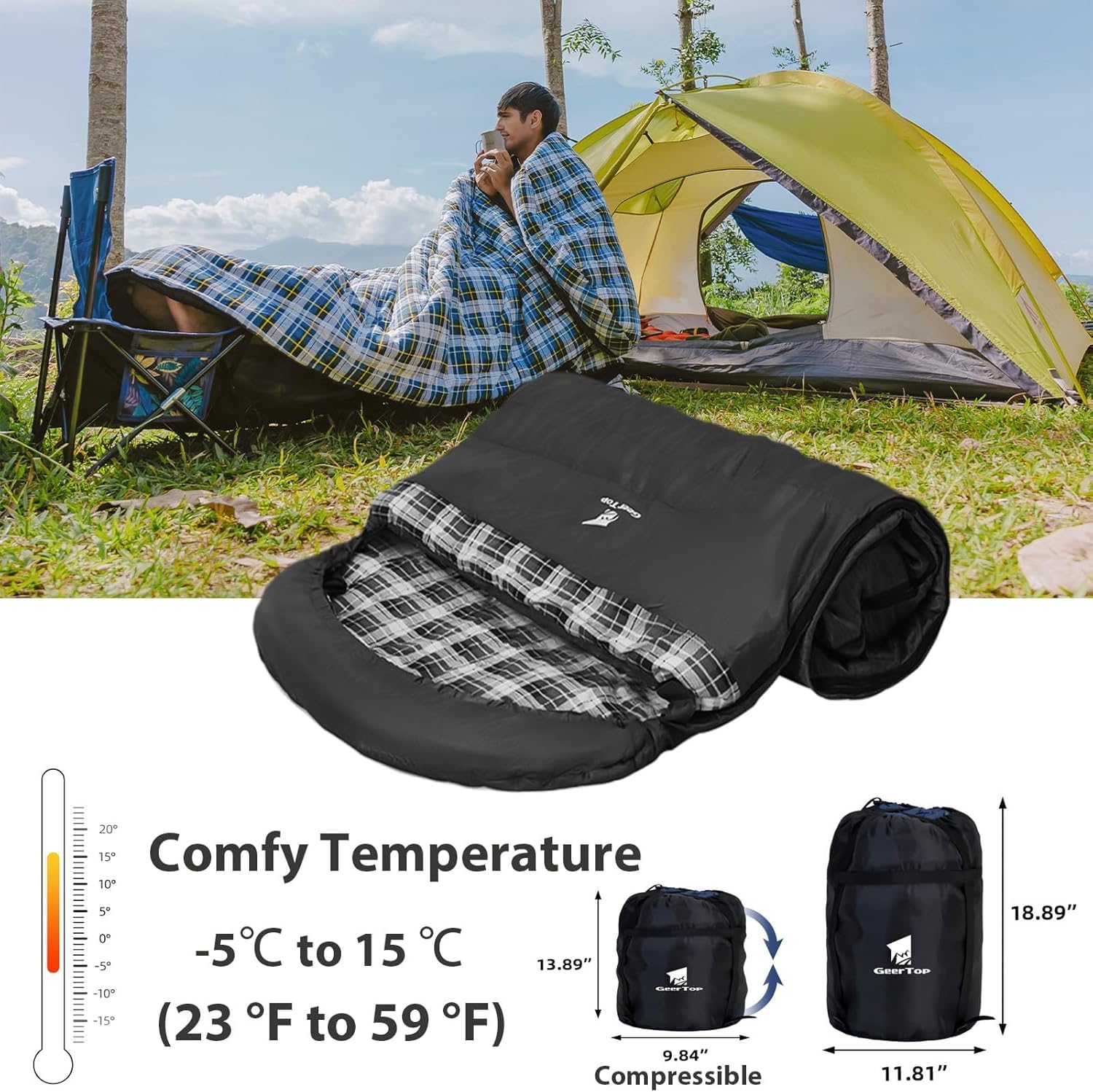 GEERTOP Schlafsack XXL 4 Jahreszeiten Flanell Campingschlafsack Übergröße 220x100cm für Erwachsene Outdoor Rucksackreisen, Wandern