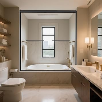 56-60 in. W x 58 in. H Bath Tub Shower Door,Semi-Frameless Double Sliding Shower Doors, Bypass Bathtub Shower Door, 1/4 inch Thick Tempered Glass Door Black Finish, 56"-60"58"
