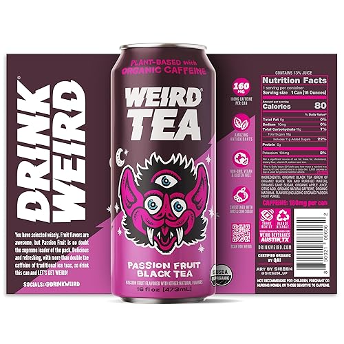 Miniatura 7 de Drink Weird - Té raro, sabor a fruta de la pasión con té negro, té helado funcional orgánico certificado con 80 mg de cafeína natural, 12 latas de