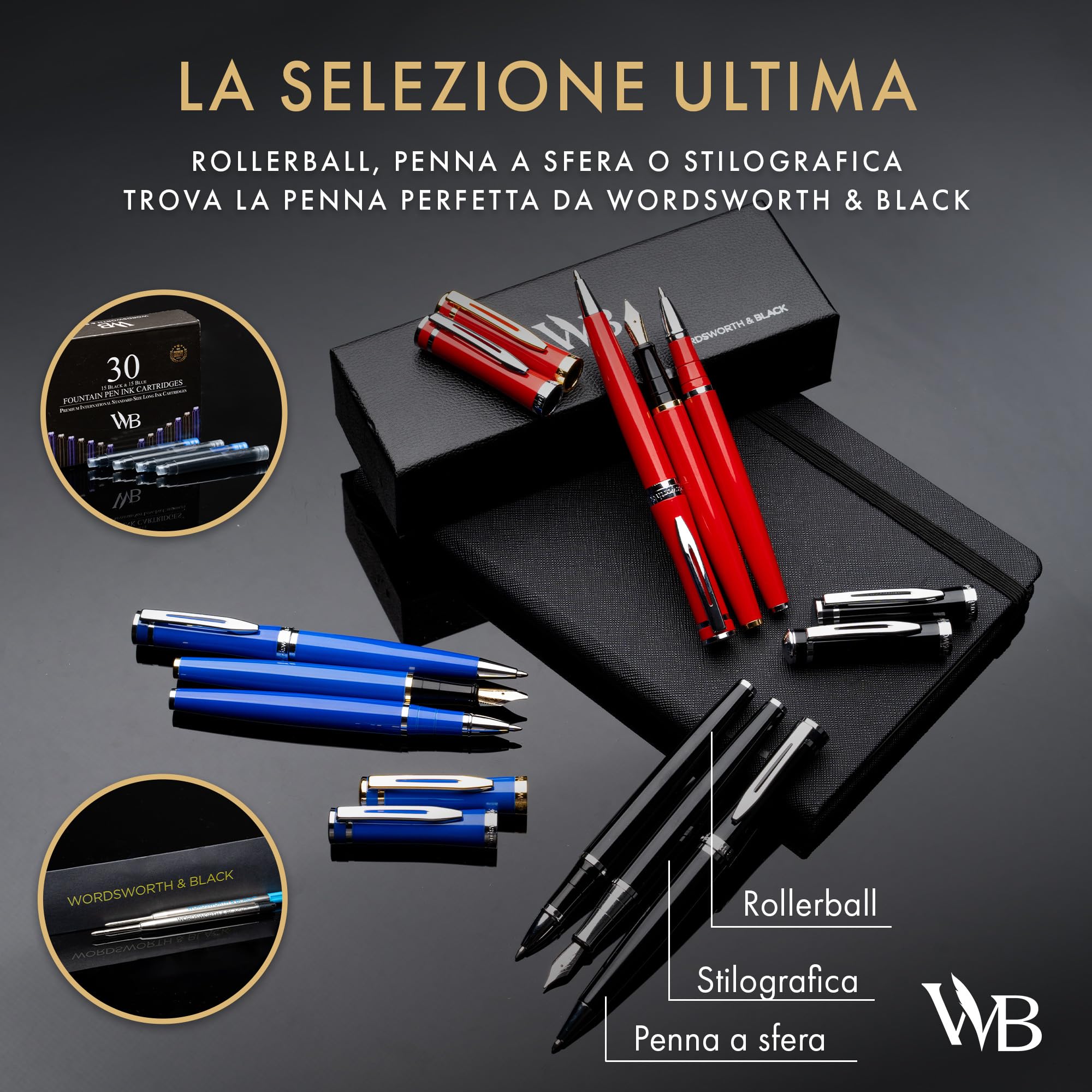 Wordsworth & Black Rollerball Pen - Penna di Lusso - Finitura Oro 24K, Lacca Argento, Ricarica di Inchiostro, Ricaricabile, Regalo per Uomini & Donne, Scrittura Professionale, Belle Penne Eleganti