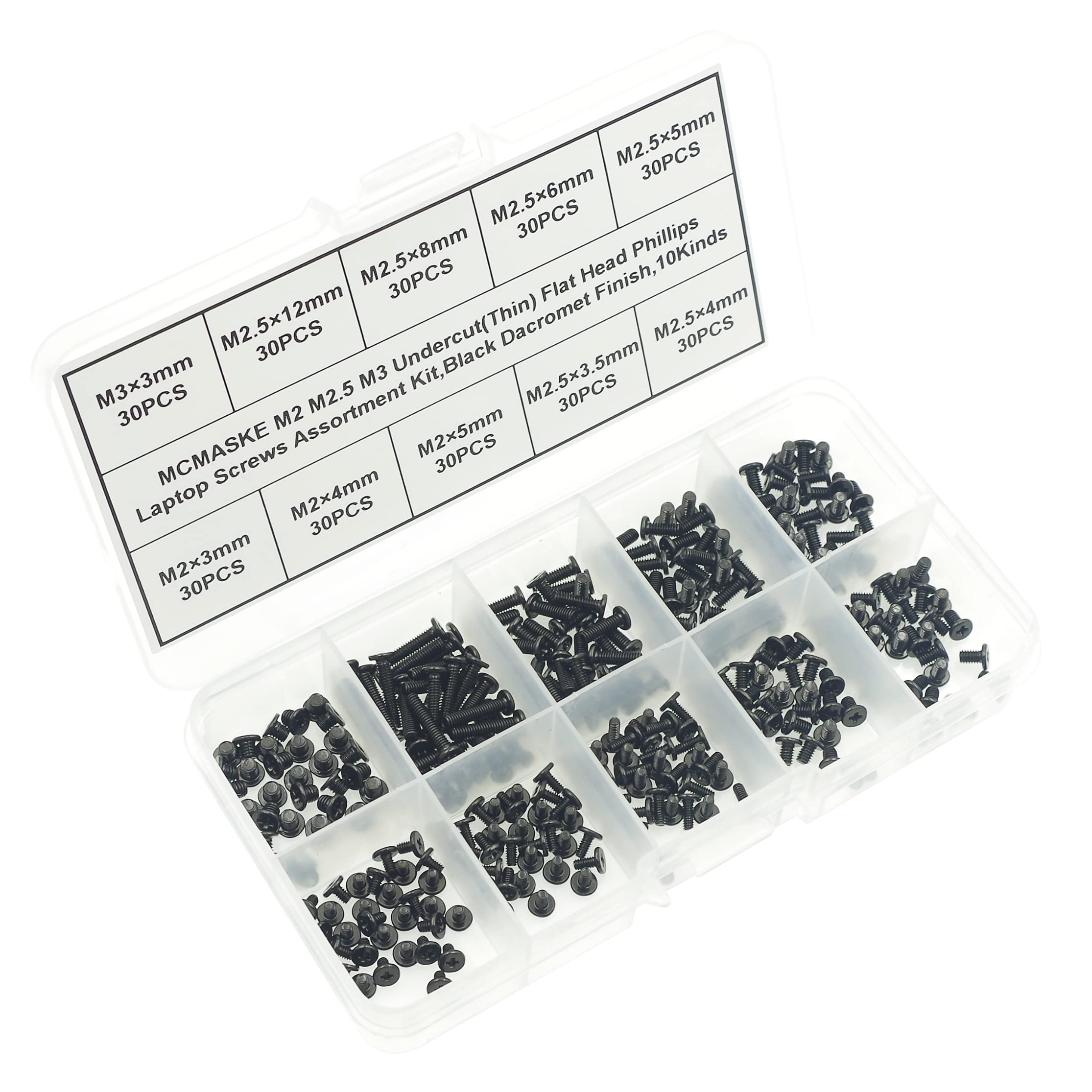 Kit surtido de tornillos Phillips de cabeza plana M2 M2.5 M3 para laptop, acabado negro Dacromet (300) 8