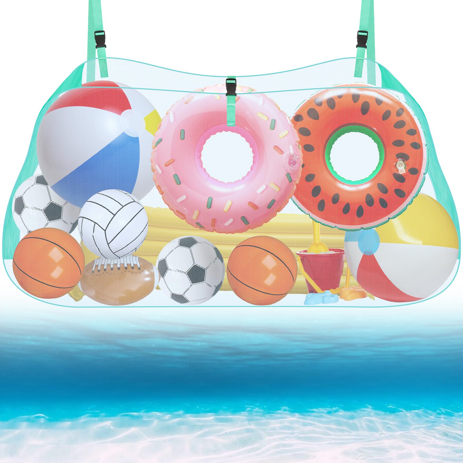 Pool Float Storage Net, Pool Toy Organizer Mesh Bag for Large swimming Inflatable Toys, Sports Balls, Patio Accessories, Foldable Pool Floats Holder Pouch Attaches To Pool Side or Fence (Green)