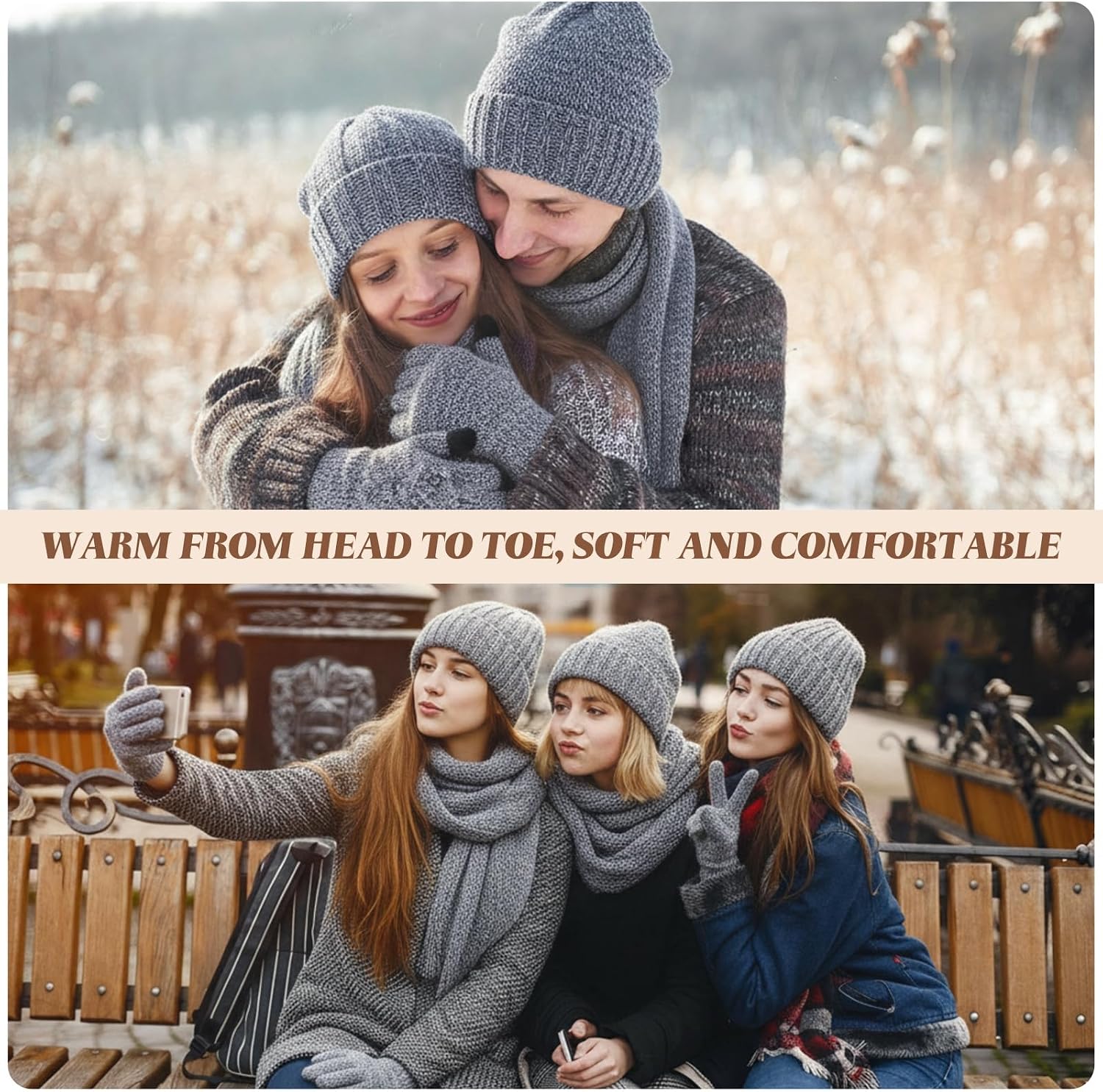 Geyoga 6 Pcs Winter Knit Set Beanie Hat Long Scarf Touchscreen Gloves Ear Muff Socks Warm Valentine Gift for Women Men Snow(Blue,Chic Style)