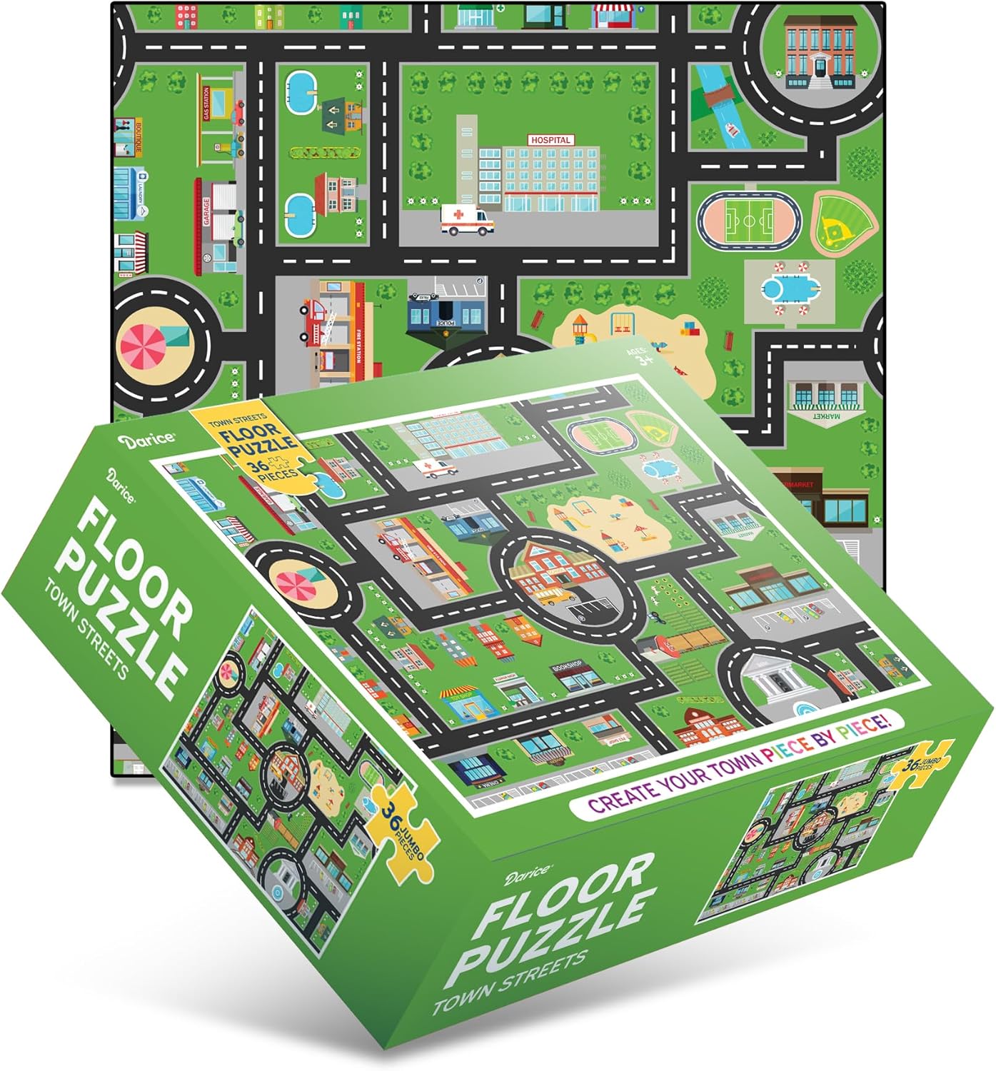 Darice Town Streets Floor Puzzle for Kids – 36 Jumbo Pieces, 36" x 24" City Map Jigsaw Puzzle – Build Your Own Town, Play Mat Toy, Ages 3+