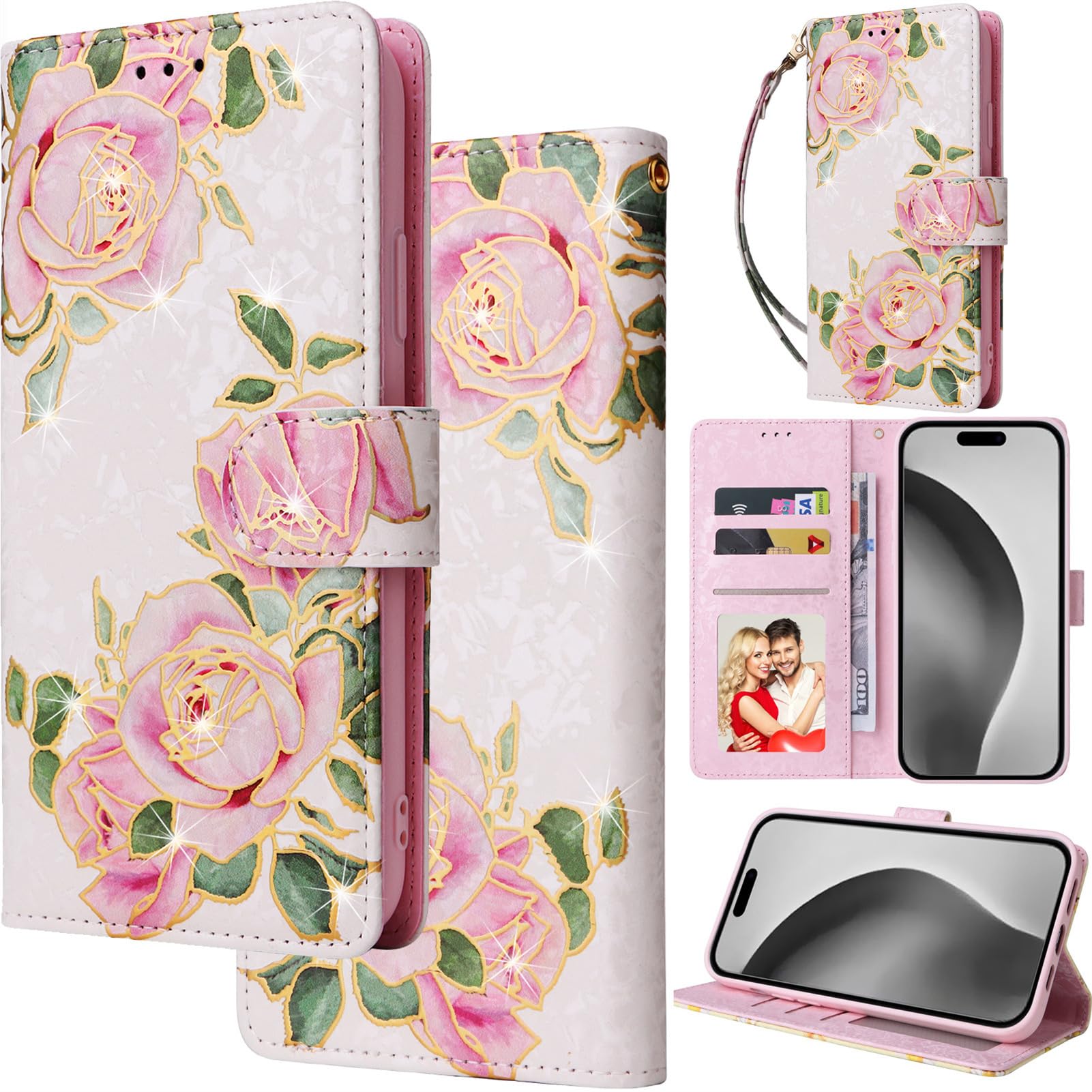 for Samsung Galaxy S23FE Leather Phone Case Wallet Gilding Bronzing Rose Flower Butterfly Folio Flip Cover Kickstand, RFID Blocking Card Holder Cash Slot, Magnetic Clasp, Wrist Strap