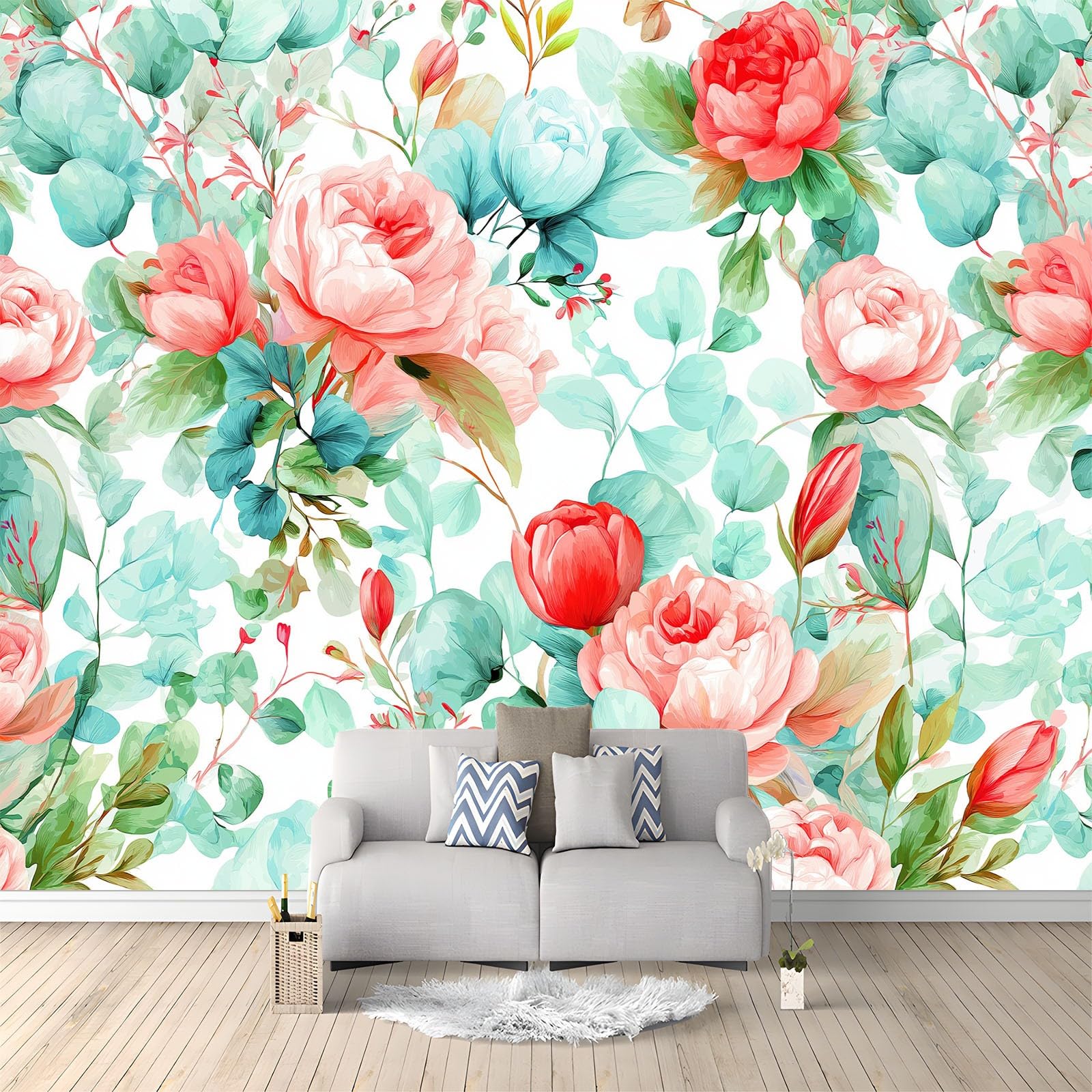 Papier peint intissé vintage fleurs aquarelle et tulipes blanches 250x175 cm