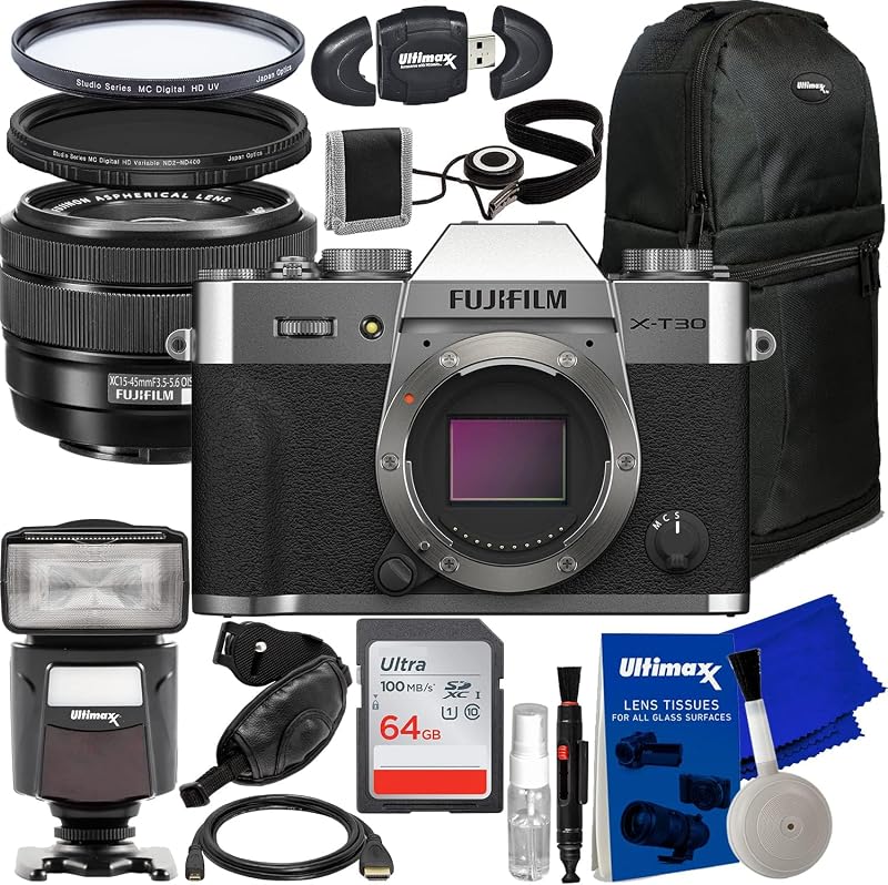Cámara sin espejo FUJIFILM X-T30 II con lente XC 15-45 mm OIS PZ (plateada) + tarjeta de memoria Ultra SDXC de 64 GB, mochila tipo bandolera, filtro de densidad neutra variable (ND2-ND400) y más (paquete de 23 piezas)