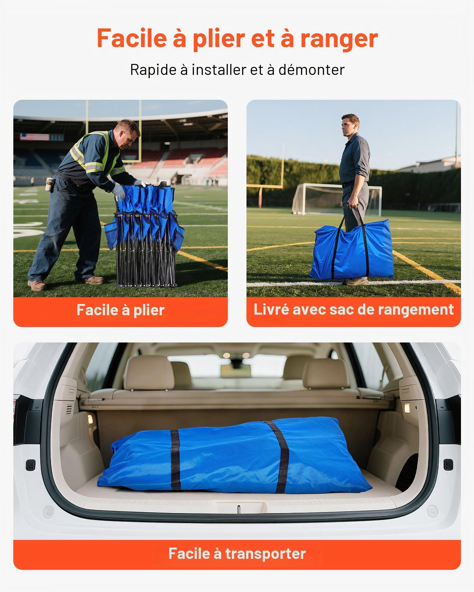 VEVOR Banc Pliant Portable à 6 Places, Banc de Camping Pliable avec Poches de Rangement et Sac de Transport, siège latéral léger avec Dossier pour Football, Baseball et événements en Plein air, Bleu