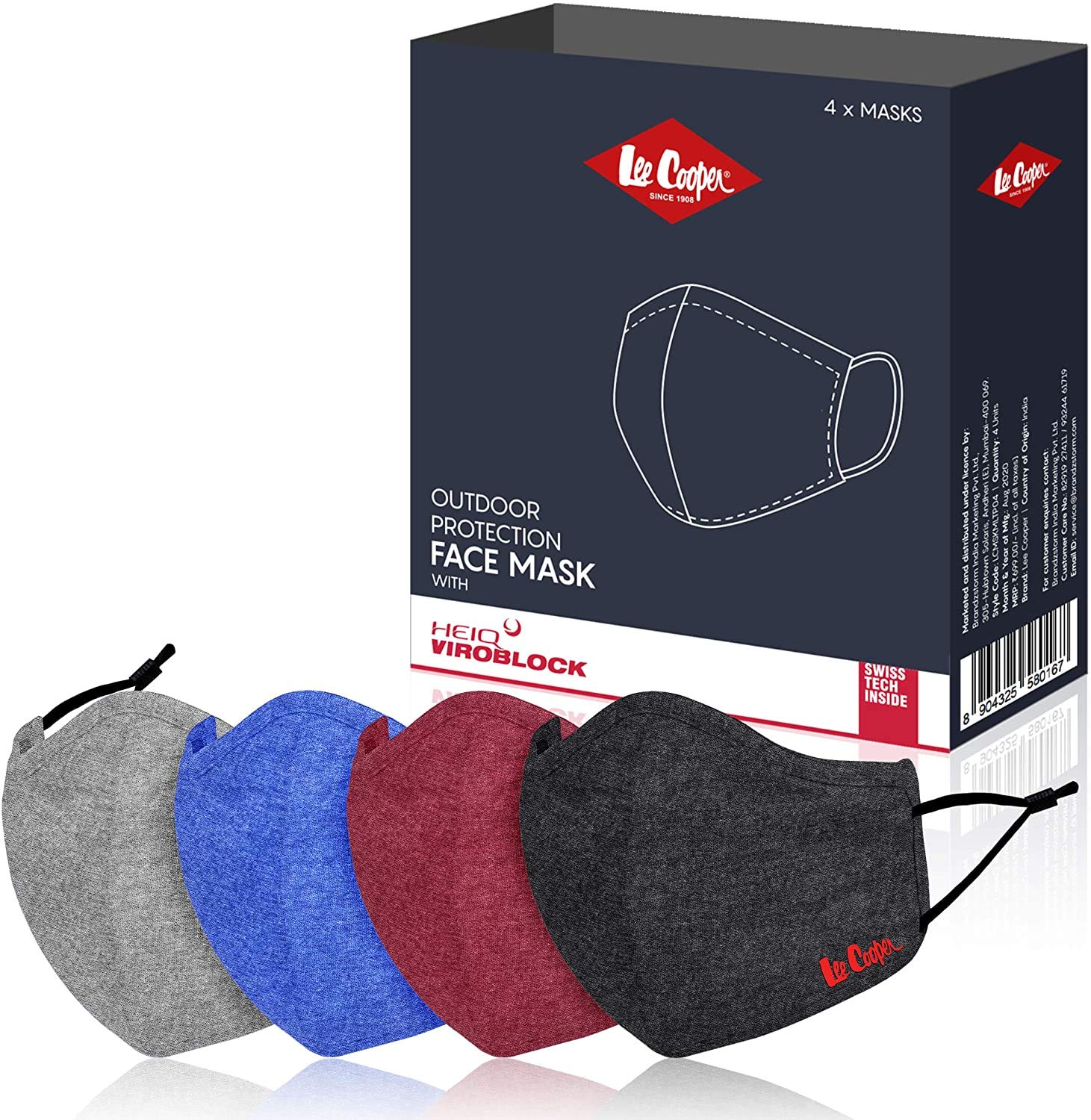 Lee Cooper Lightweight Multi-Layer Melange Face Mask Filter With HEIQ VBLOCK For Outdoor Protection, Super Breathable & Reusable Cloth (Pack of 4)
