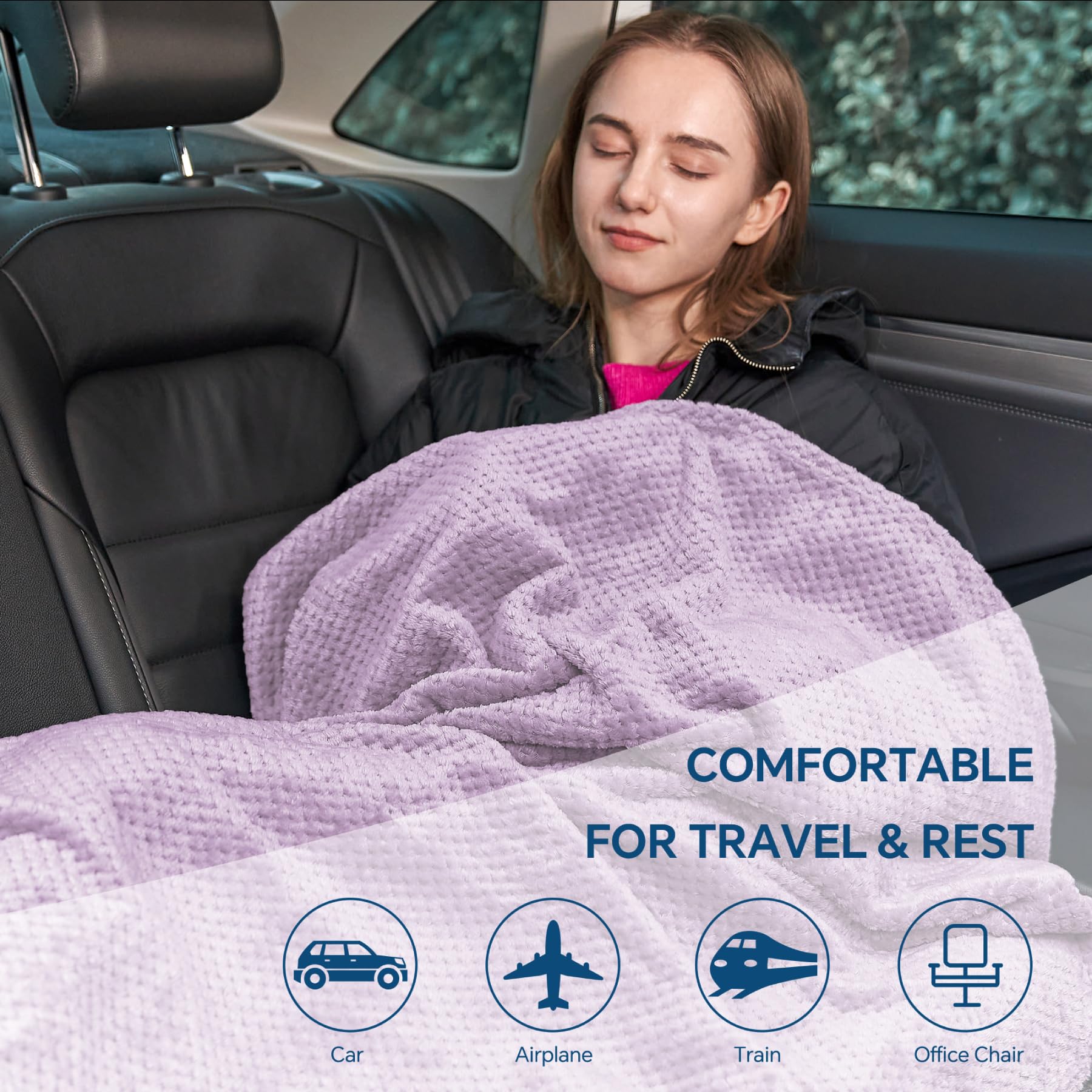 BEDELITE Travel Blanket with Bag, Jacquard Fleece Blanket 65"x40", Lavender view 7