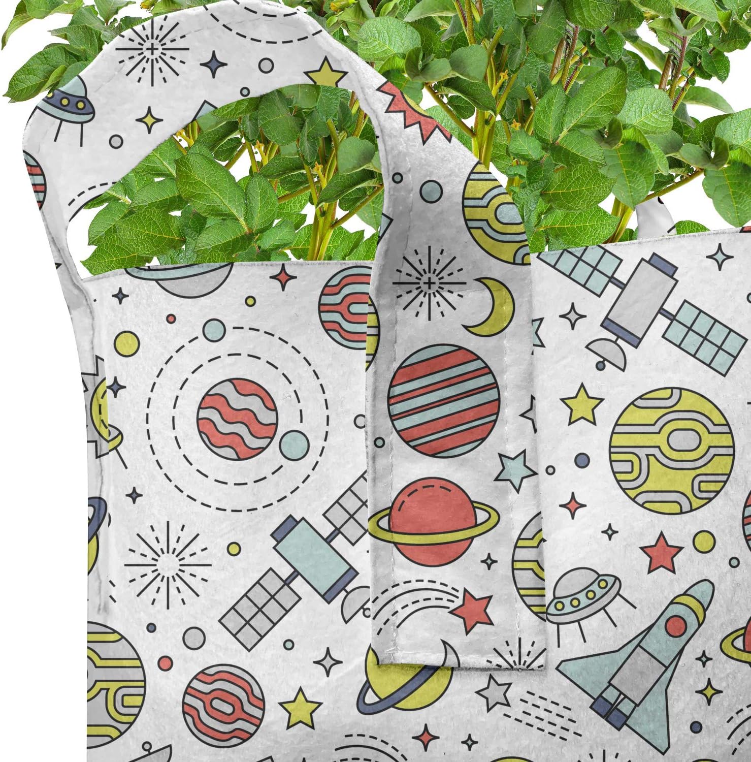 Ambesonne Spaceship Grow Bags 5-Pack, Colorful Cosmos Moon, Heavyduty Fabric Pots with Handles for Plants, 7 Gallon, Multicolor