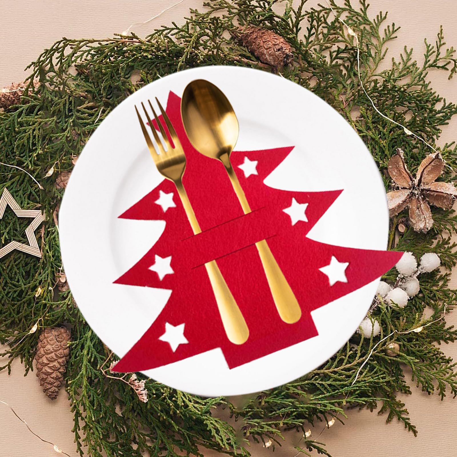 12 Portaposate Natalizi In Feltro A Forma Di Albero: Rosso, 17x20 Cm, Riutilizzabili Per Tavola Delle Feste