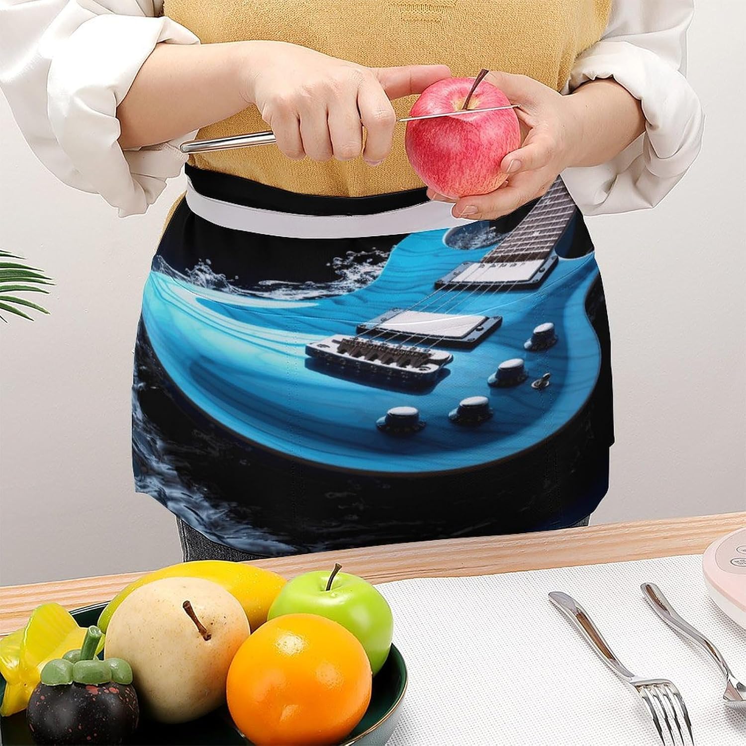 Blue Guitar Server Aprons for Women And Men Waterproof Half Apron with 3 Pockets Deluxe Oxford Fabric Waist Aprons Adjustable Chef Apron for Kitchen Bar Home