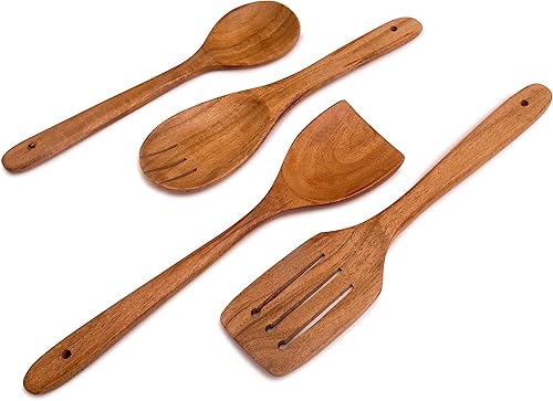 Miniatura 9 de Juego de 4 cucharas antiadherentes de madera de acacia para cocinar, utensilios de cocina de madera, cuchara y tenedor para ensalada, espátula