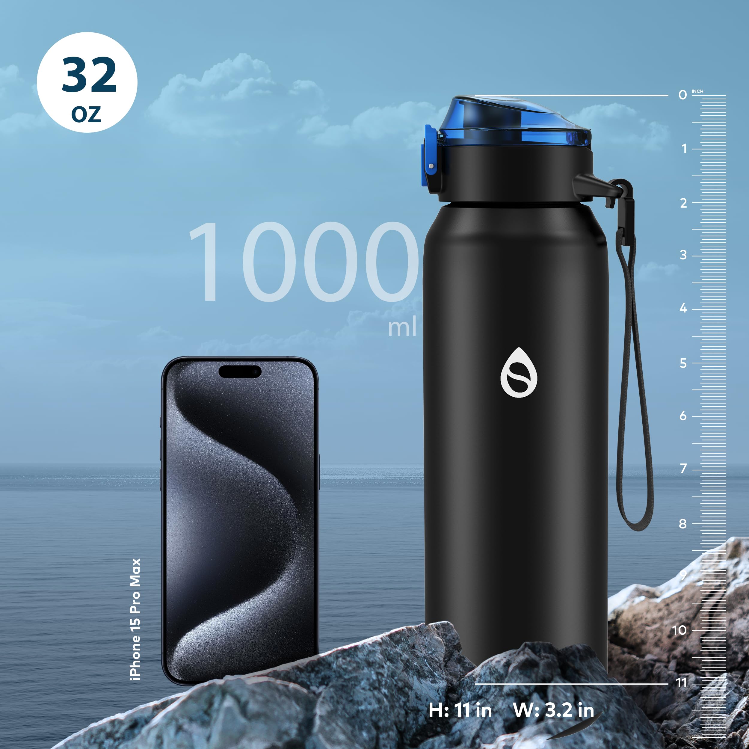 WEMEET Borraccia da 1000 ml, in acciaio inox con cannuccia rimovibile, in acciaio inox 18/10, senza BPA, con tracolla rimovibile per caffè, tè, perfetta per attività all'aperto, lavoro, bambini,