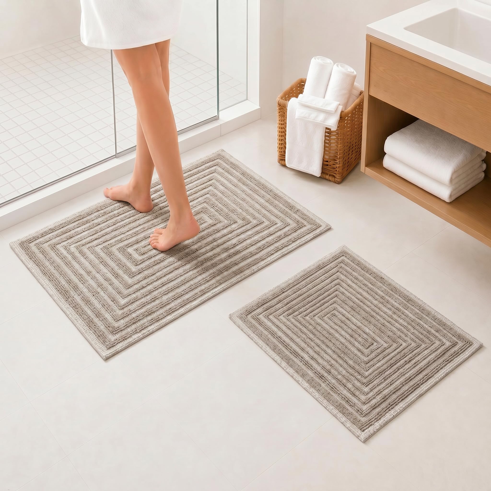 Ruglenza Bathroom Mat Set – 2 Piece Non Slip Cotton Bath Mats for Bathroom & Shower, Textured Loop Bath Rug Set, Quick Dry, Machine Washable, Easy Clean (Ecru/Beige-BK13, 50 x 120 CM)