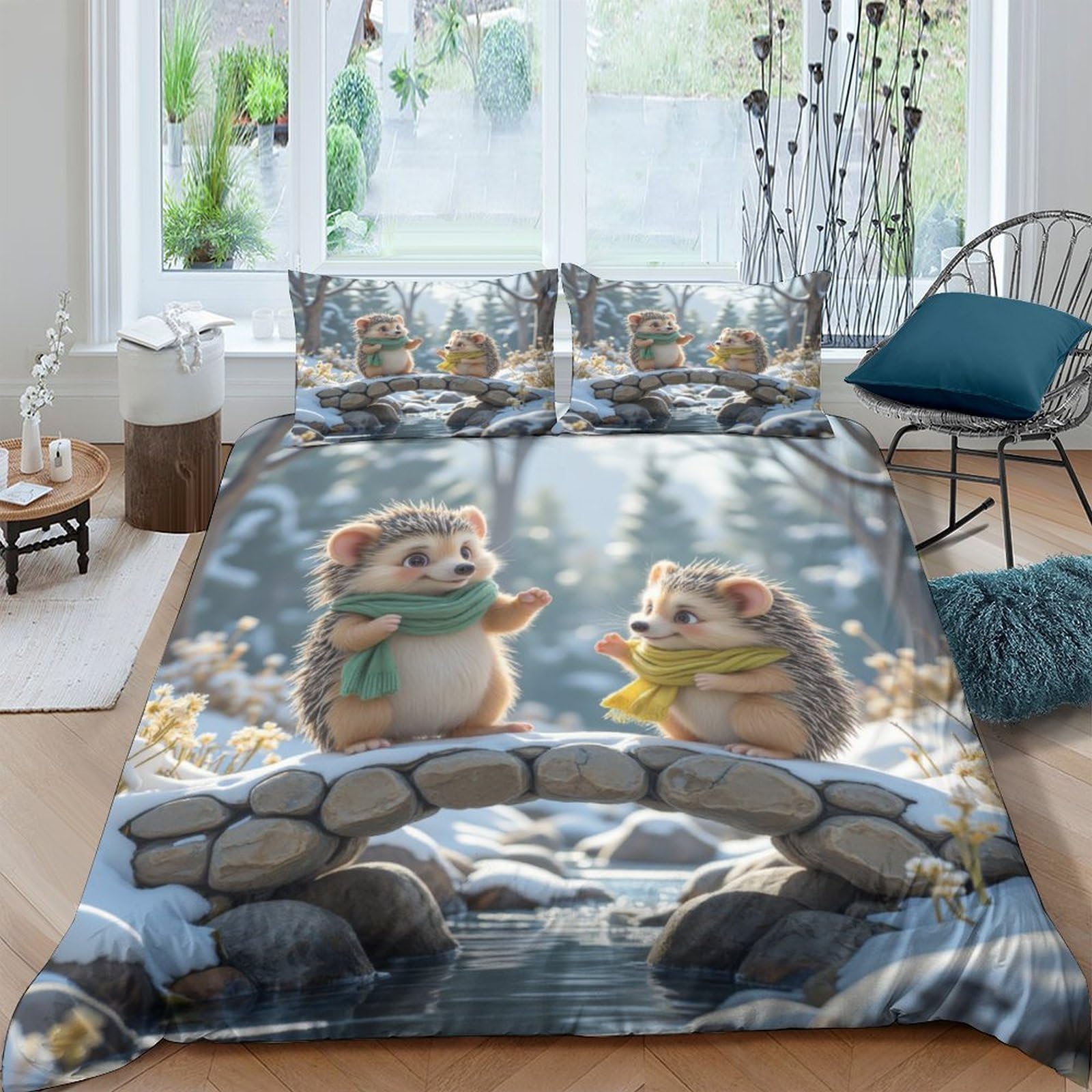Ctjqhvkz Style-9 3D Printed Cute Hedgehog Fitted Sheet Microfiber Soft Forest Bridge Bed Cover For Bedroom Guest Room Dorm Mattress Protection Decor Single（135X200cm）