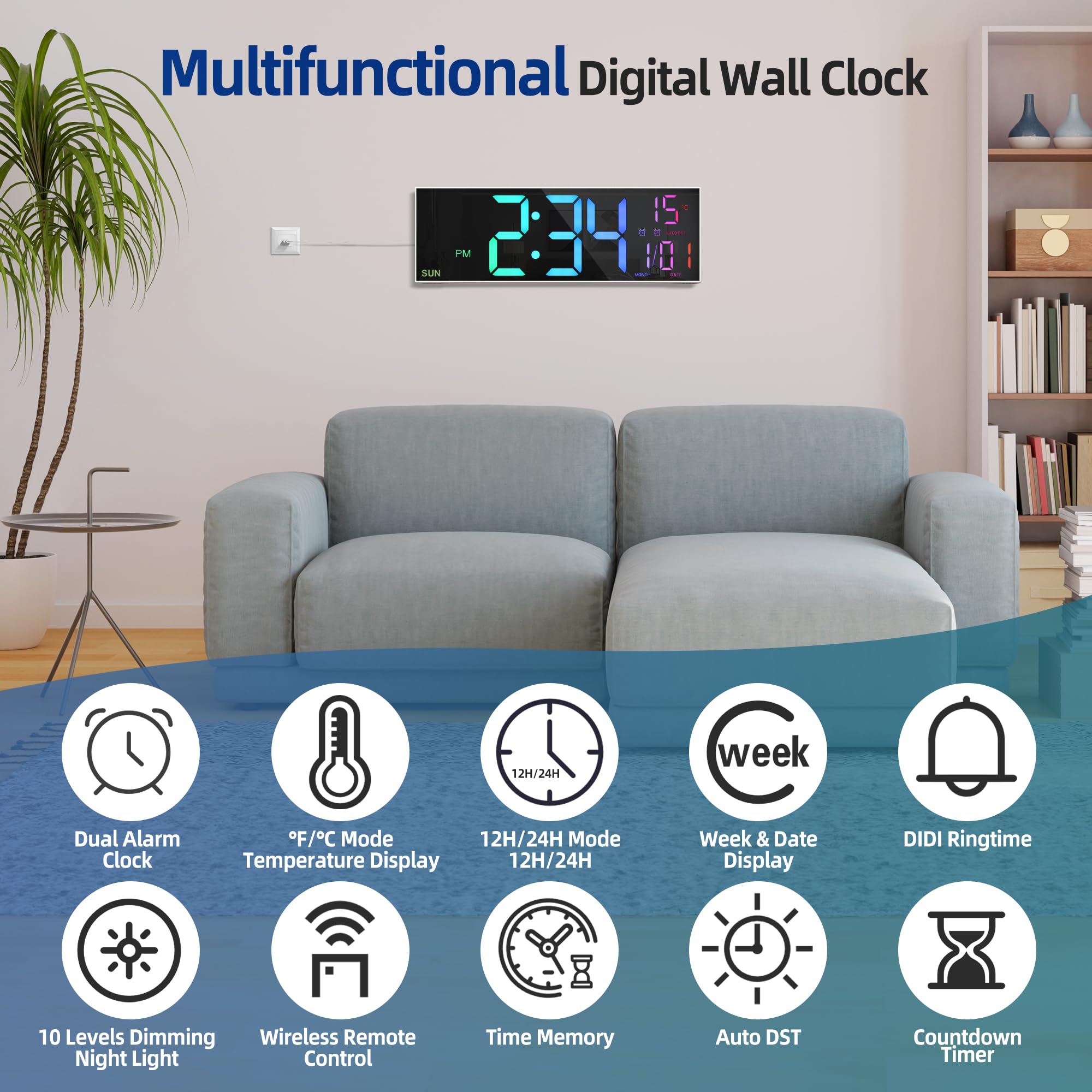 LEIKE 16.2'' Large Digital Wall Clock with Remote Control, Big LED/Dual Alarm/8 RGB Colors/Auto Brightness/Date/Auto DST/Temperature/Night Light Gym Clocks for Living Room Bedroom Office Wall Decor