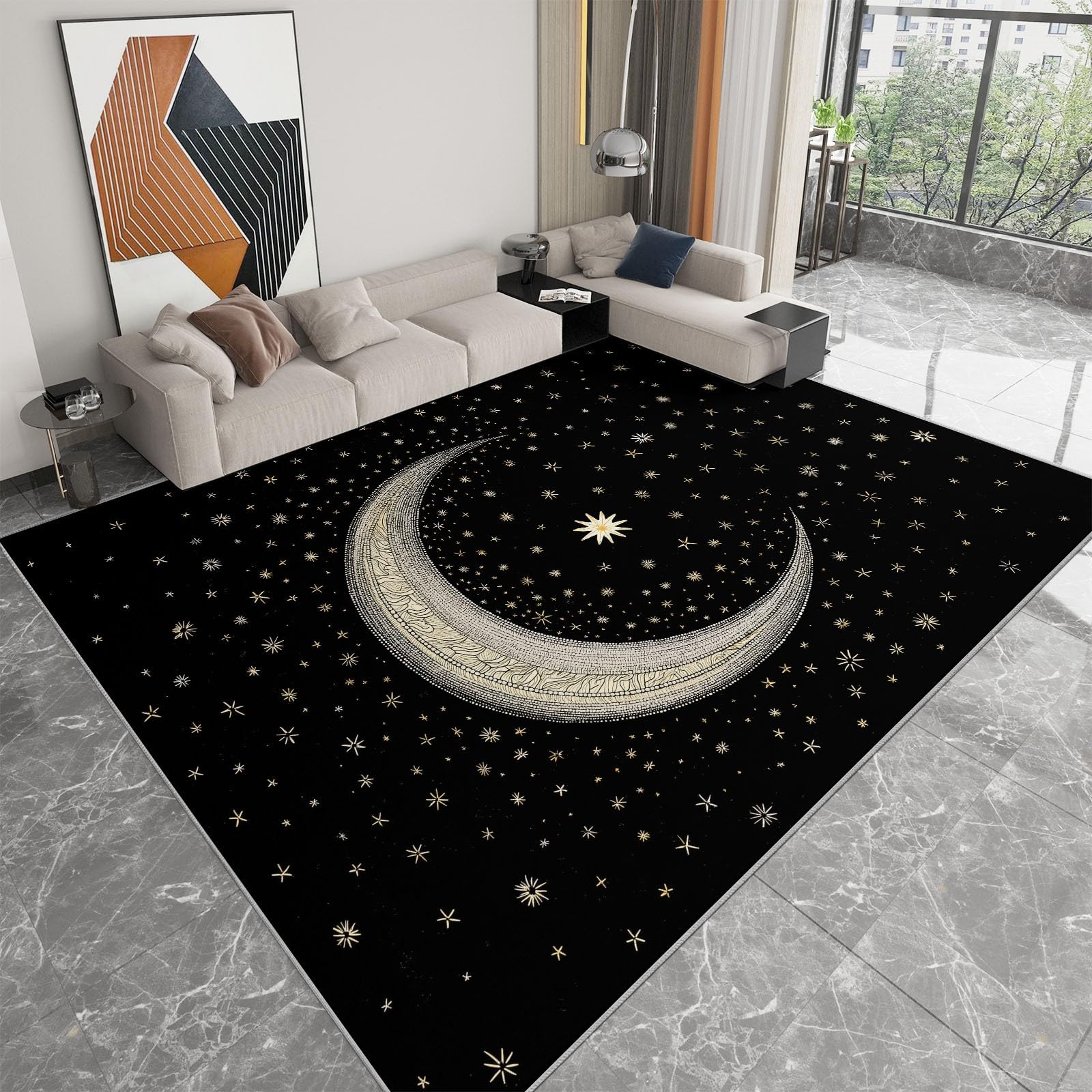 Tapis Enfant Lune Et Étoiles 180x240cm Tapis Salon Grande Poils Courts Doux, Design Antidérapant Moderne, pour Cuisine, Salle à Manger, Bureau et Chambre