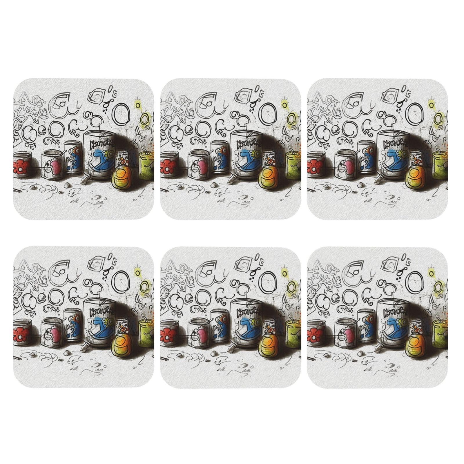 6pcs Leather Coasters for Drinks, Graffiti On Various Objects Drink Coasters for Tabletop Protection, 4" Cup Coasters for Coffee Table Decor, Non-Slip Drinking Cup Mat for Hot Or Cold Drink