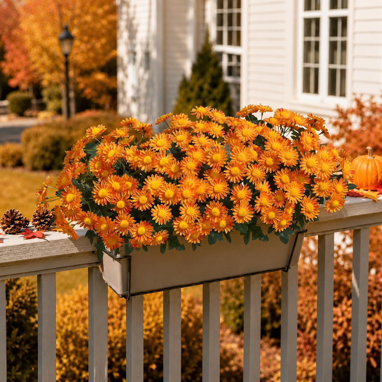 Artificial Fall Fake Mums Flowers Plants for Outdoor Decoration, 6 PCS Faux Silk Orange Gerbera Daisy UV Resistant No Fade Realistic for Planter Pot Outside Porch Patio Balcony Garden Yard Home Decor
