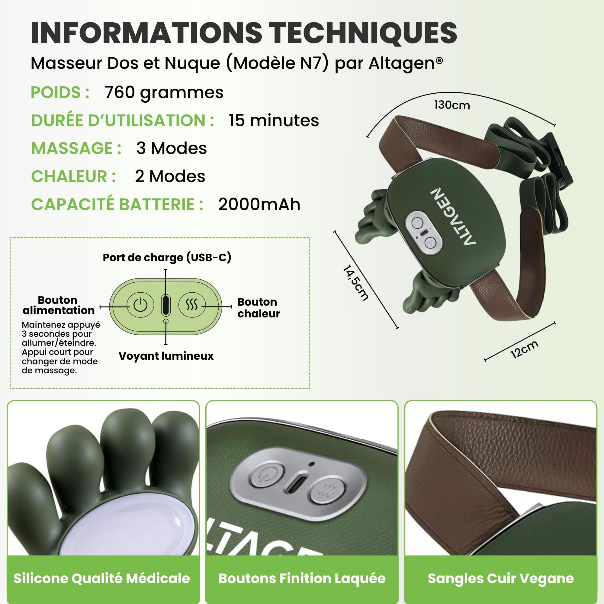 Masseur Cervical ALTAGEN® Main Massante Nuque, Masseur de Cou Chauffant