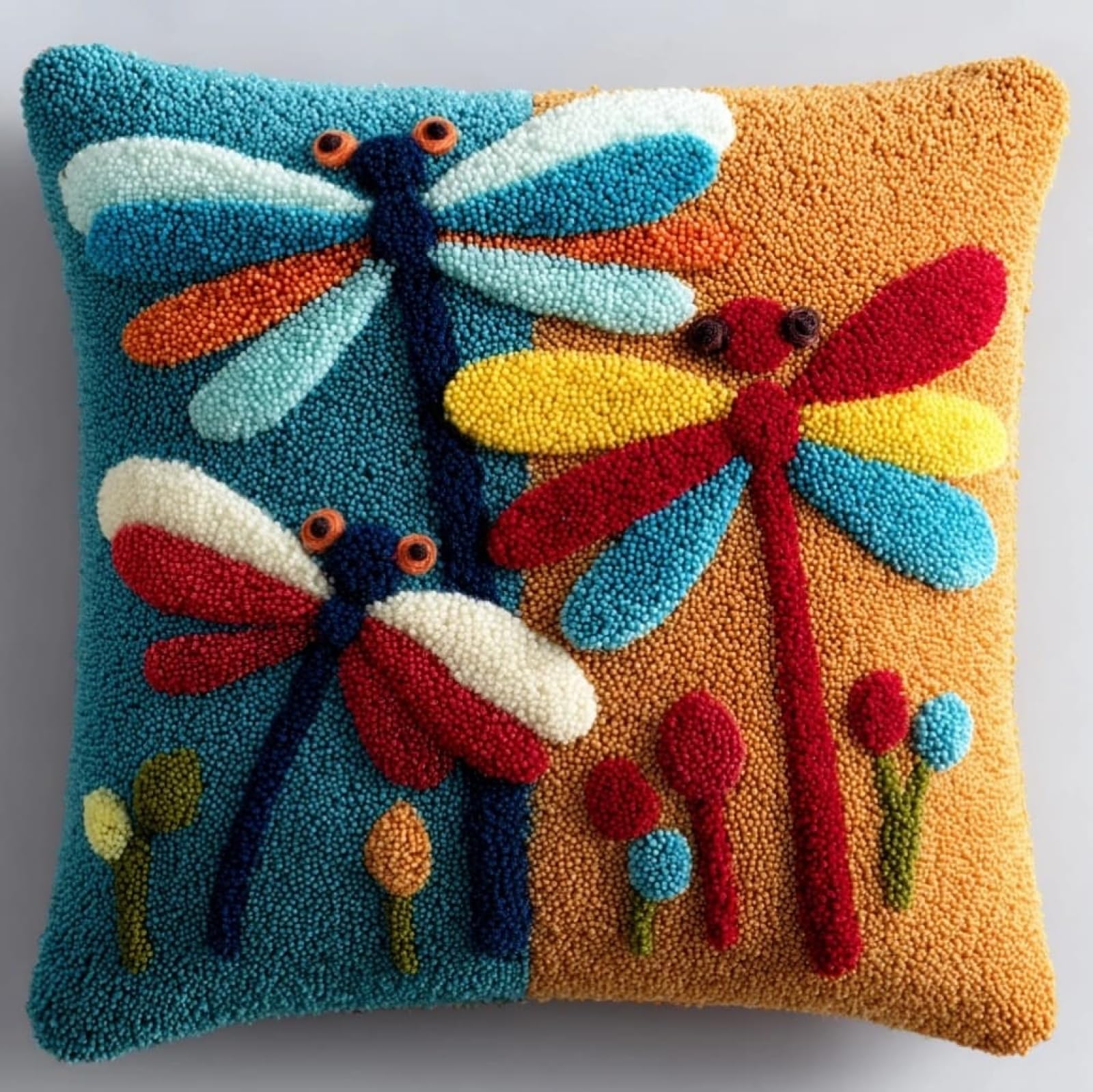 WallustrioaW Latch Hook Cushion Kits 43x43cm,Cartoon Dragonfly