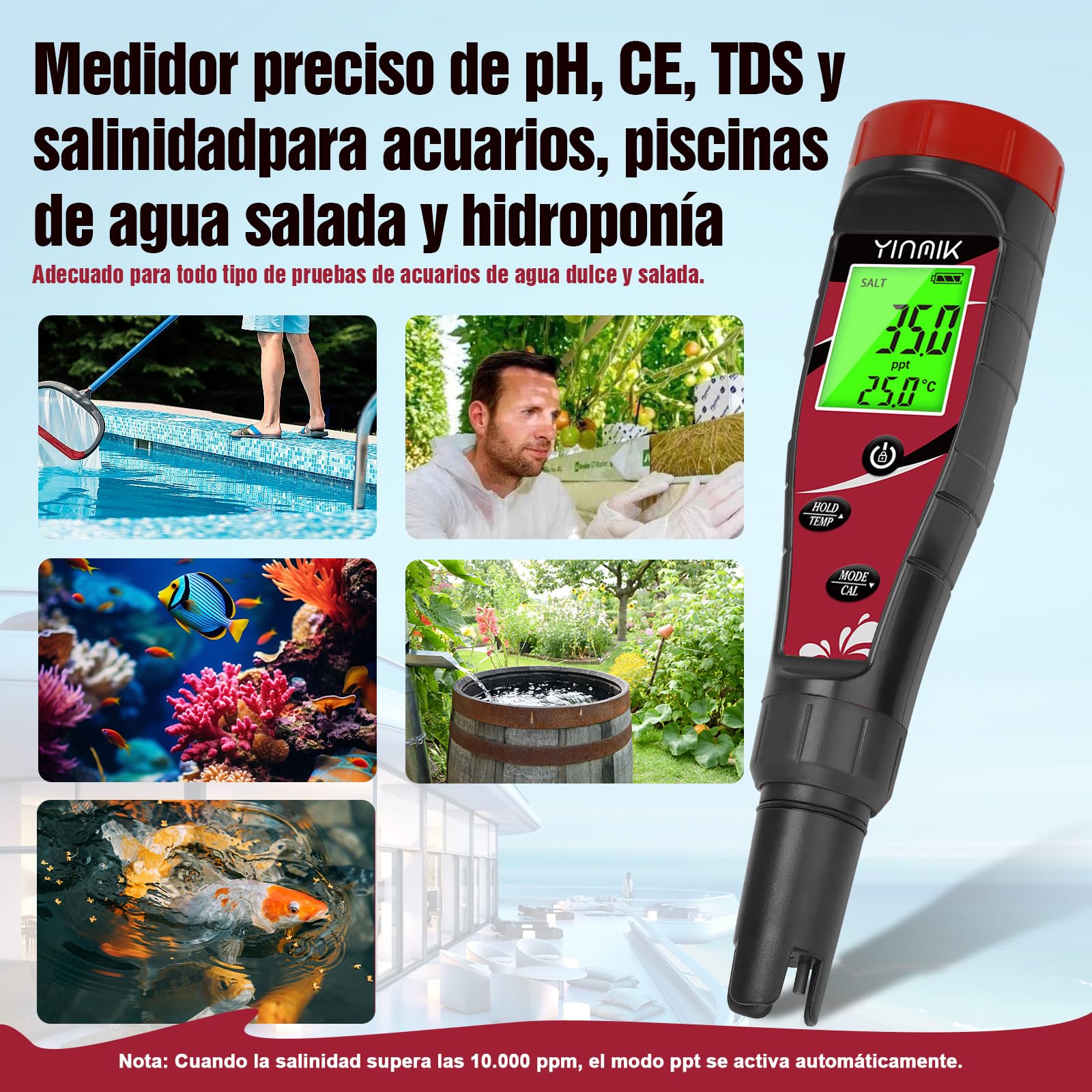 YINMIK Medidor de pH y Cloro salino para Piscinas, 7 en 1, Profesional, para Piscinas de Agua Salada, electrónico, pH y EC TDS para acuarios hidropónicos.
