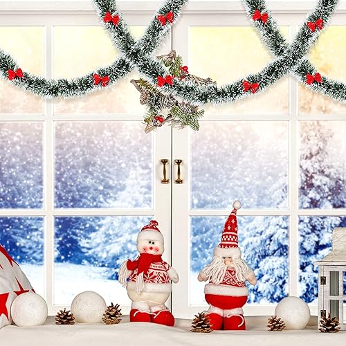 Miniatura 5 de Kasyat 4 guirnaldas de oropel de Navidad de 26 pies, guirnalda de Navidad artificial con 20 lazos rojos, guirnalda de Navidad verde oscuro y blanco