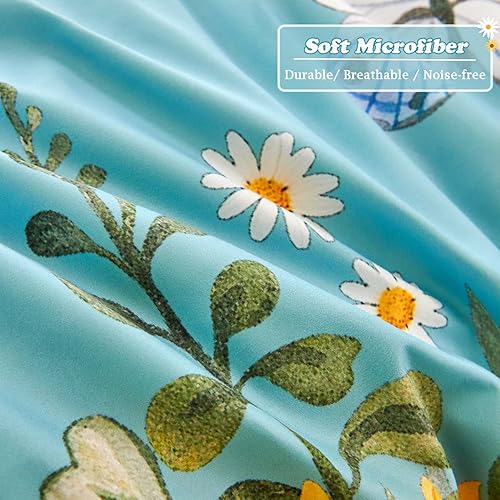 Miniatura 5 de Juego de edredón de girasol azul con mariposa, juego de ropa de cama floral amarillo de 3 piezas, juego de ropa de cama tamaño Queen de granja,