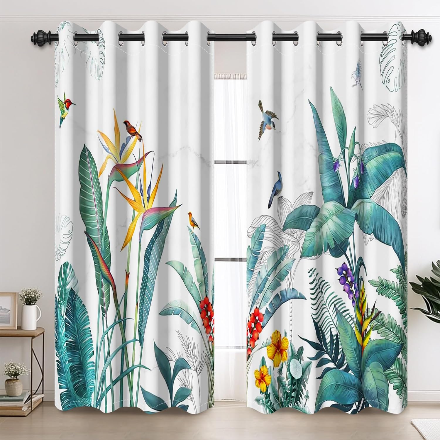 AOFOTO Tropical Birds and Plants Bedroom Blackout Curtains, Paradise Garden Botanical Exotic Floral Hummingbirds Print Home Decor Window Treatment Set Thermal Insulated Drapes 53x84 Inches, 2 Panels