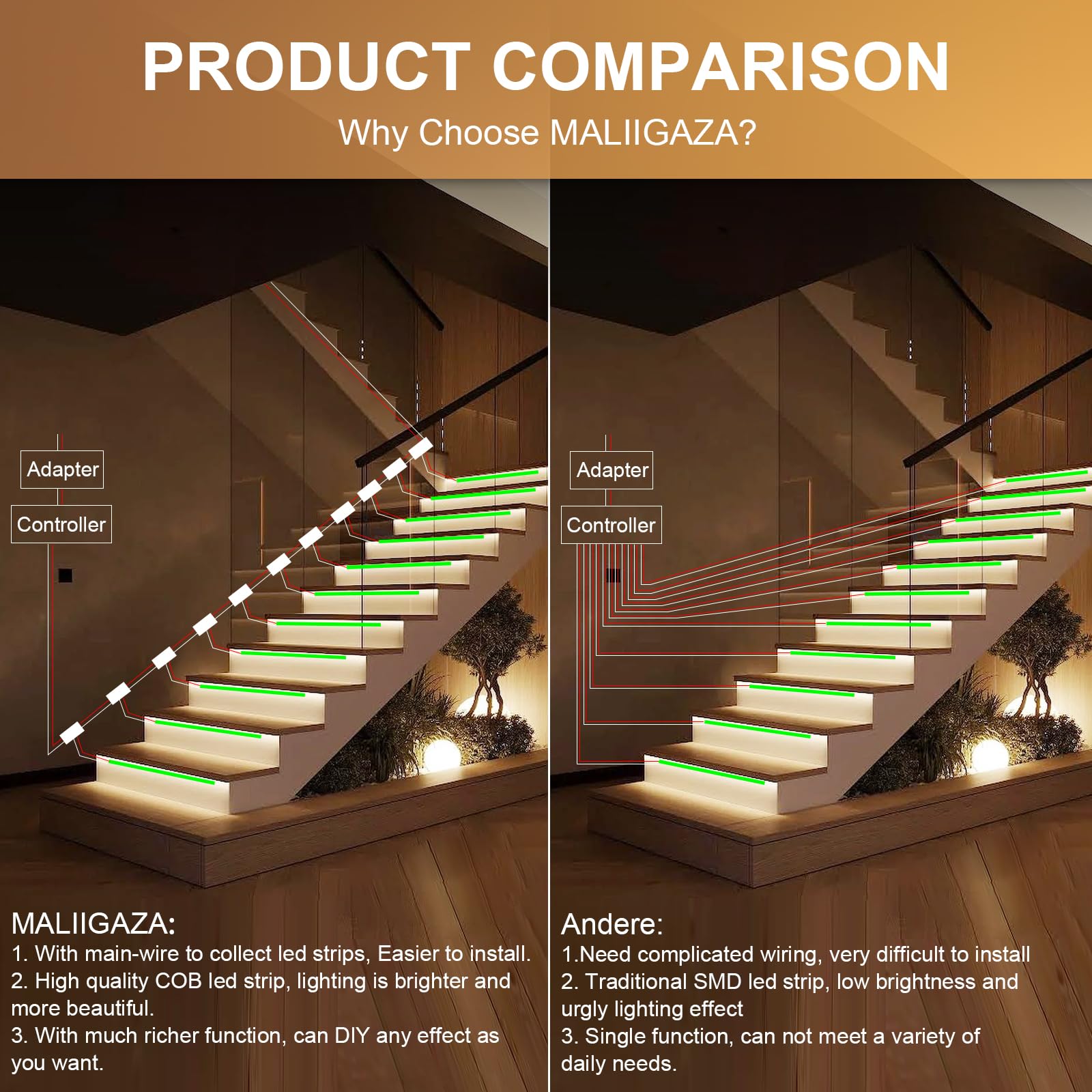 Éclairage intelligent pour escalier intérieur, 16 marches, LED COB 6000K blanc froid, éclairage progressif, système modulaire sécurisé avec télécommande