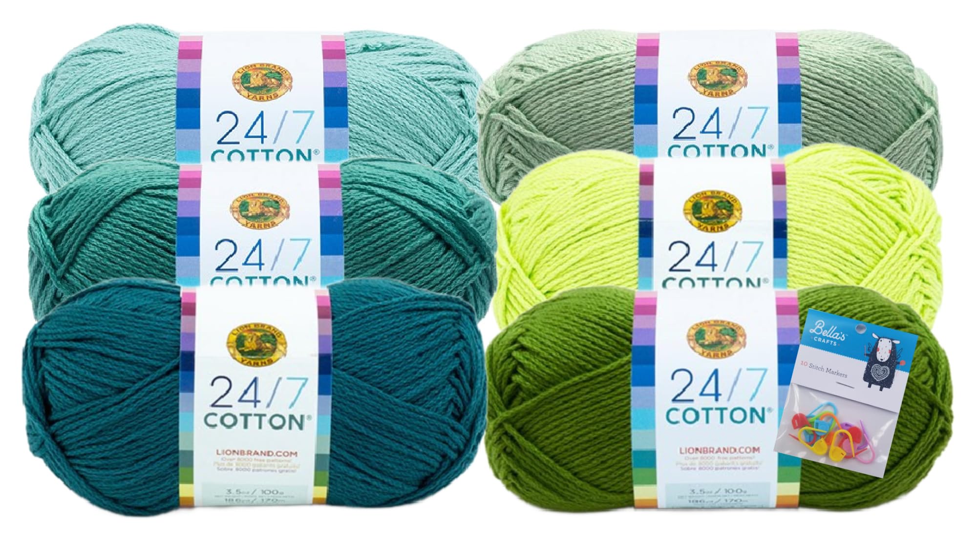 Lion Brand Yarn 24/7 Cotton Yarn, 6 Pack Bundle with Bella's Crafts Stitch Markers (Harmony)