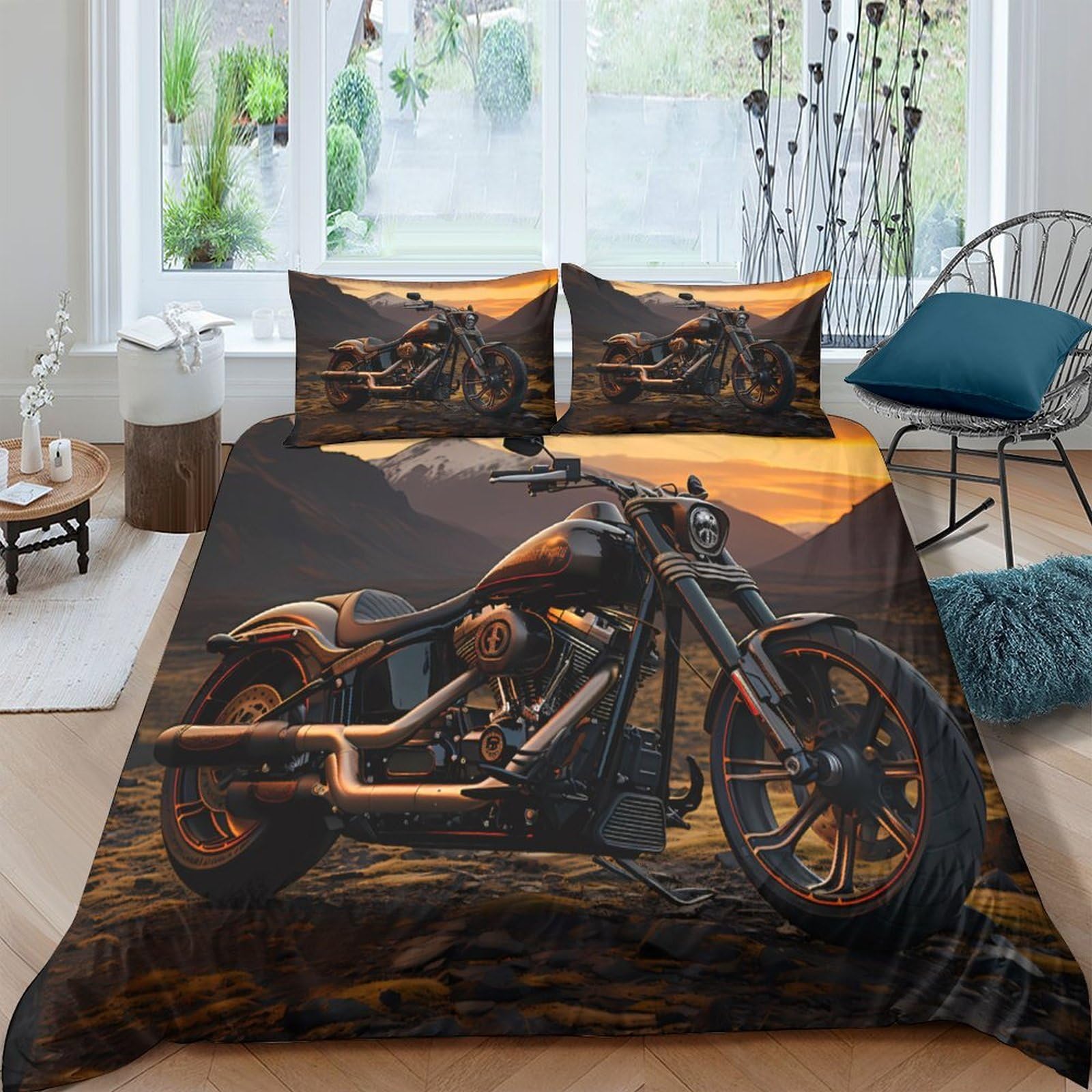 GPLZQXKJNH 3D Printed Motorcycle Sunset Duvet Cover Microfiber Soft Breathable Mountain Road Bedding Set with 2 Pillowcases for Bedroom Decor Single（135x200cm）