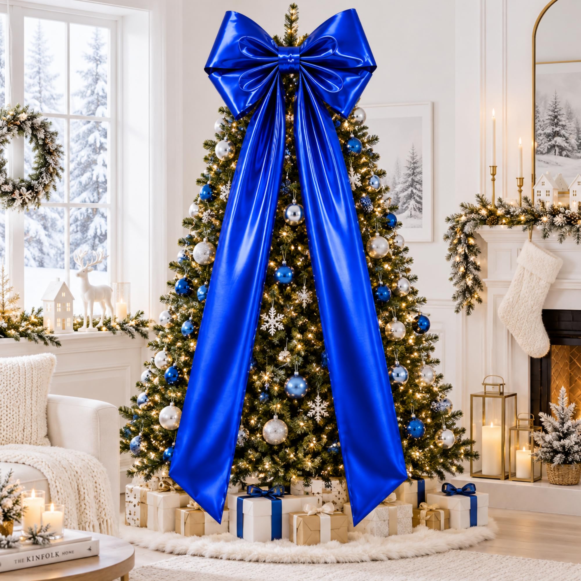 XunYee Large Metallic Foil Christmas Tree Bows, 19.7 x 71 Inch, Blue