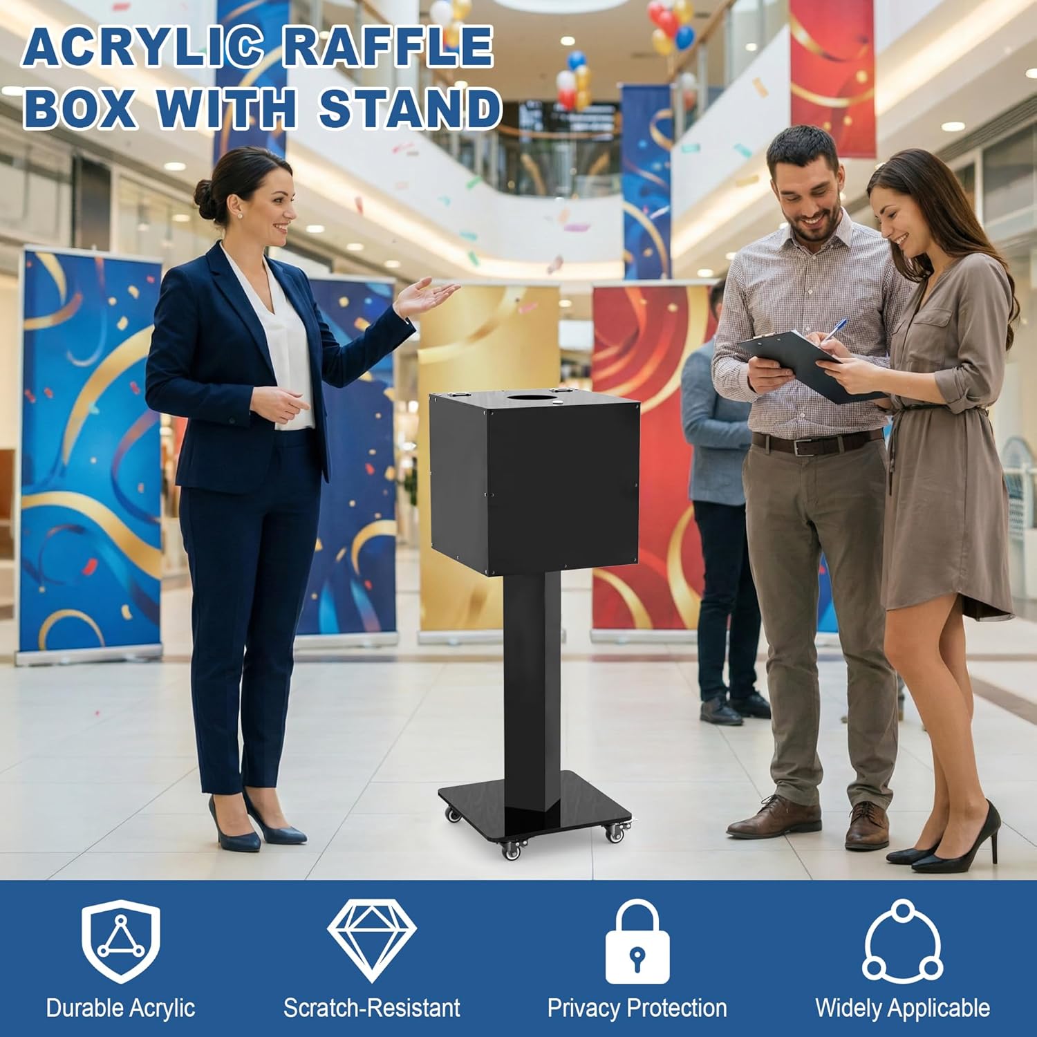 Tredre Acrylic Raffle Ticket Box with Lock and Stand 39.6" × 13.8" × 13.8" for Drawings, Voting, Fundraisers, Suggestion Cards - Secure Donation Box with Large Capacity, Black (Round Hole)