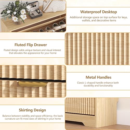 Miniatura 5 de Armario de zapatos para entrada con 3 cajones abatibles, armario de zapatos acanalado de roble con estantes ajustables, zapatero oculto de madera