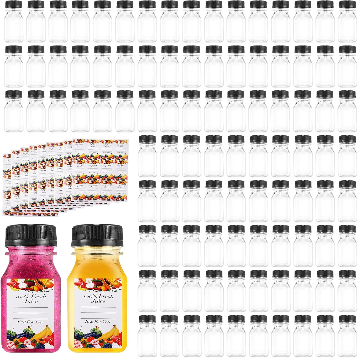 100 Pcs 4 oz Plastic Juice Bottles with Lids Small Clear Bottles with Caps Mini Empty Reusable Shot Bottle Bulk Fillable Liquid Drinking Container Leak Proof for Juice Milk Water Beverage