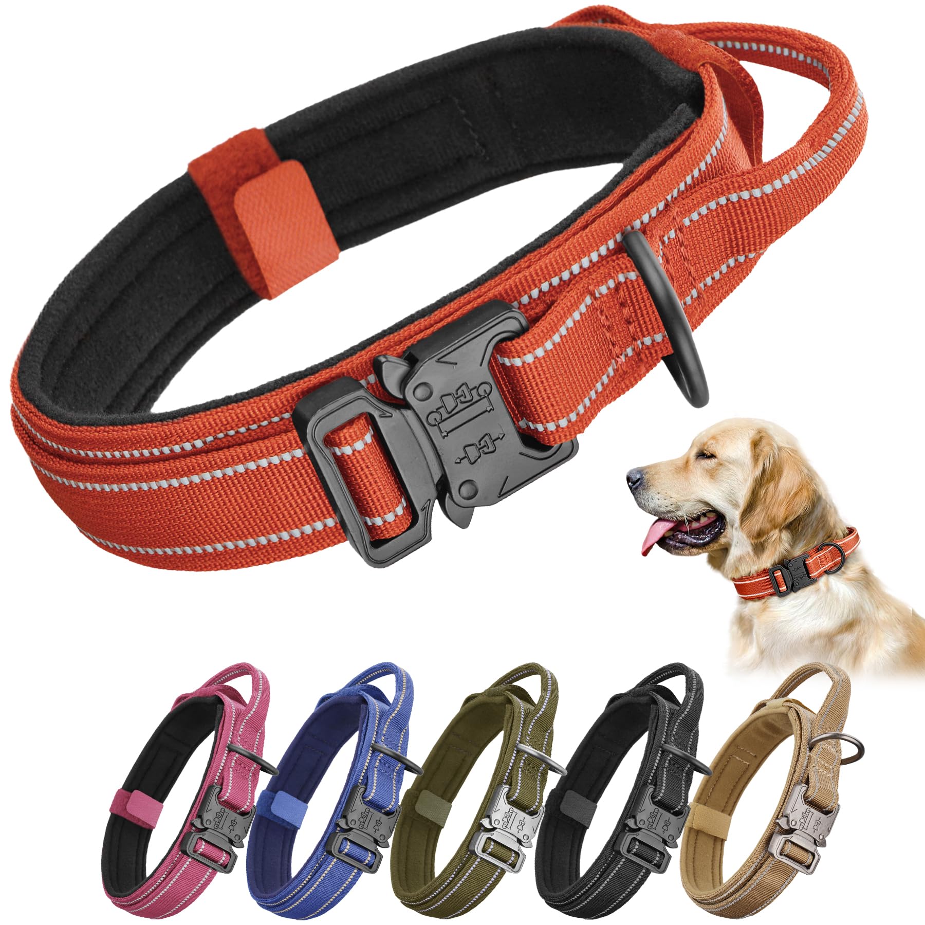 KCUCOP Tactical Dog Collar for Medium & Large Dogs - Military Nylon Heavy Duty Collar with Handle, Reflective Strip & Metal Buckle for Training,