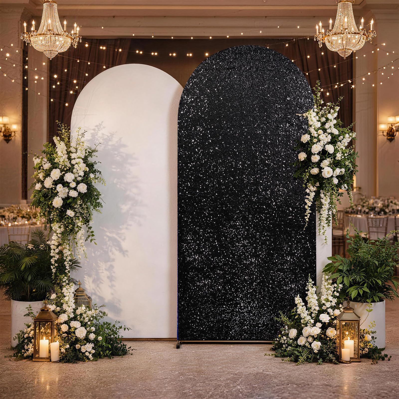 Copertura per sfondo ad arco con paillettes nere da 2,7 m, in tessuto scintillante, per feste, matrimoni, decorazioni fotografiche