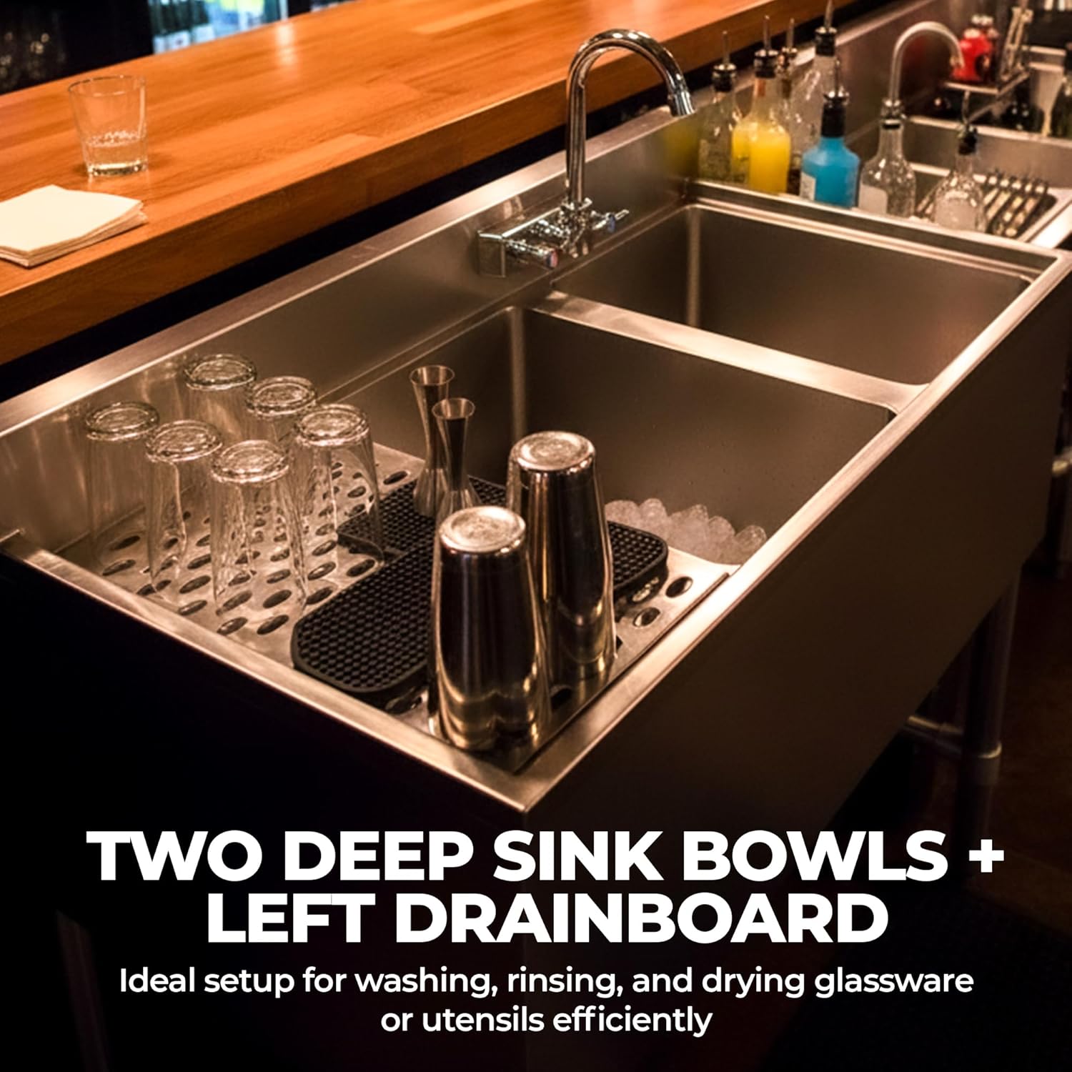Commercial Stainless Steel Two Compartment Under Bar Sink with Left Drainboard 19" x 36"