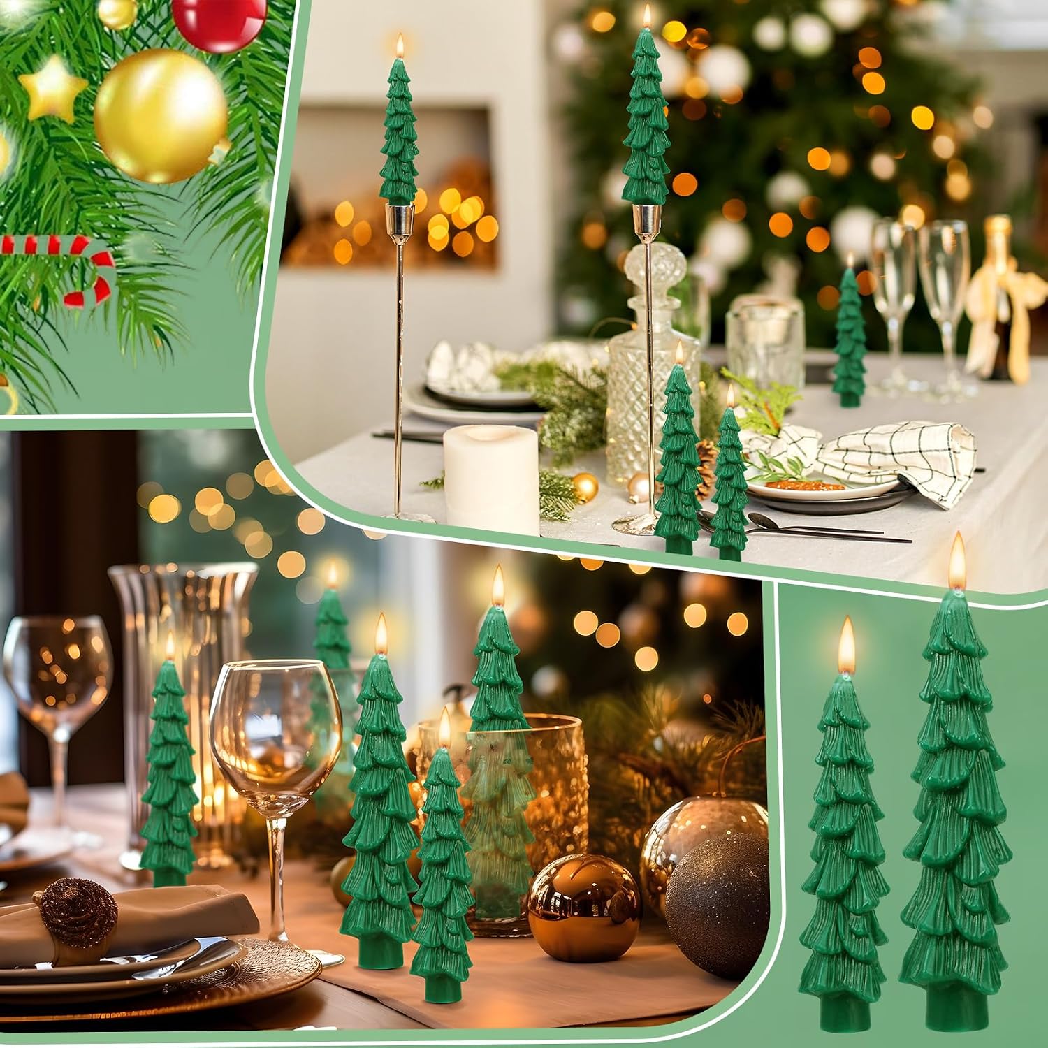 Lounsweer 12 Pcs 5 Inch&5.7 Inch Christmas Tree Shaped Taper Candles Unscented Green Short Candles Xmas Eve Holiday Candlestick for Party Home House Kitchen Banquet Centerpiece Mantel Decor Gift