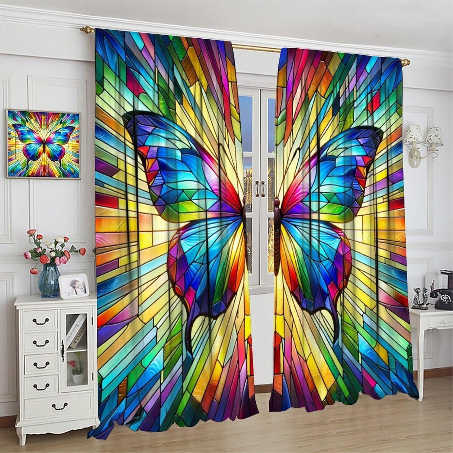 Abstract Blackout Curtains, Colorful Stained Glass Modern Style Rainbow Butterfly Window Drapes, for Living Room Bedroom 55" W X 63" L