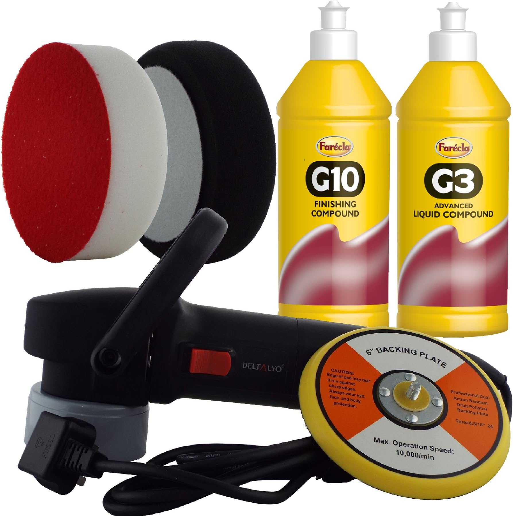 Deltalyo DAS6 500w + Farecla Dual Body Restore System Dual Action 6" 150mm Multi Speed Electric Polisher 150mm Variable Speed 2500-6500rpm 6 Speed Setting Polisher 8mm Orbit Kit